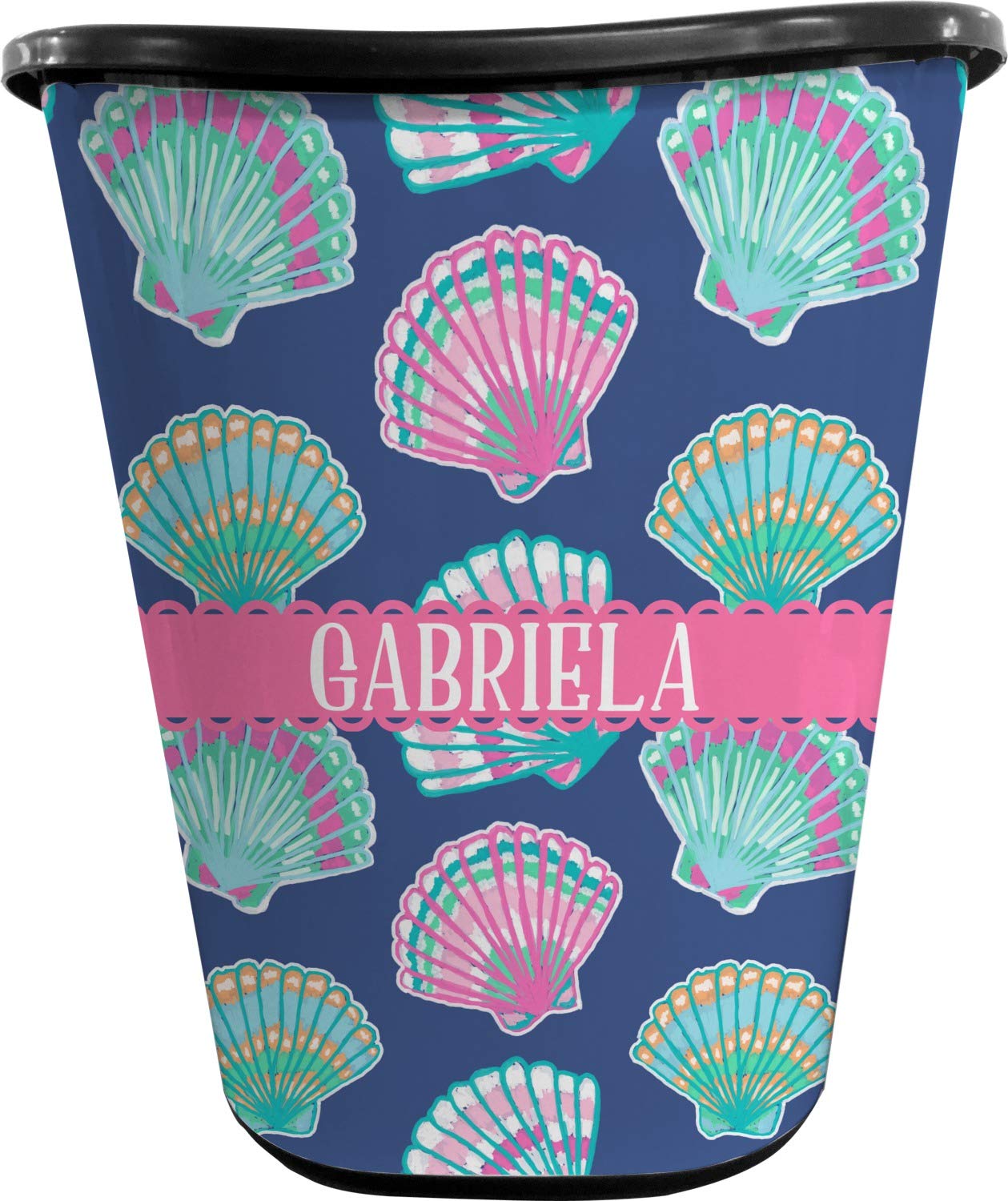 Personalized Preppy Sea Shells Waste Basket - Double Sided Black Trash Can for Home, Office, Dorm, Beach House Decor | Coastal Themed Bathroom & Bedroom Bin