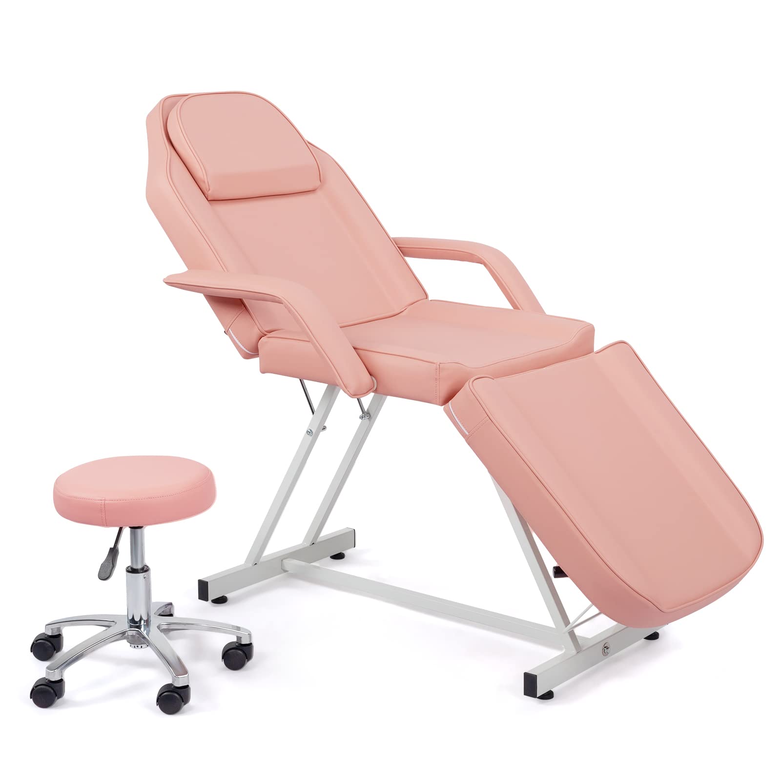 Professional Hydraulic Massage Chair & Facial Bed - Adjustable 3-Section Esthetician Table with Upgraded Stool for Salon, Spa & Tattoo Parlor | Multi-Purpose Beauty Equipment in Pink | Perfect for Massage Therapy, Skin Care & Barber Services