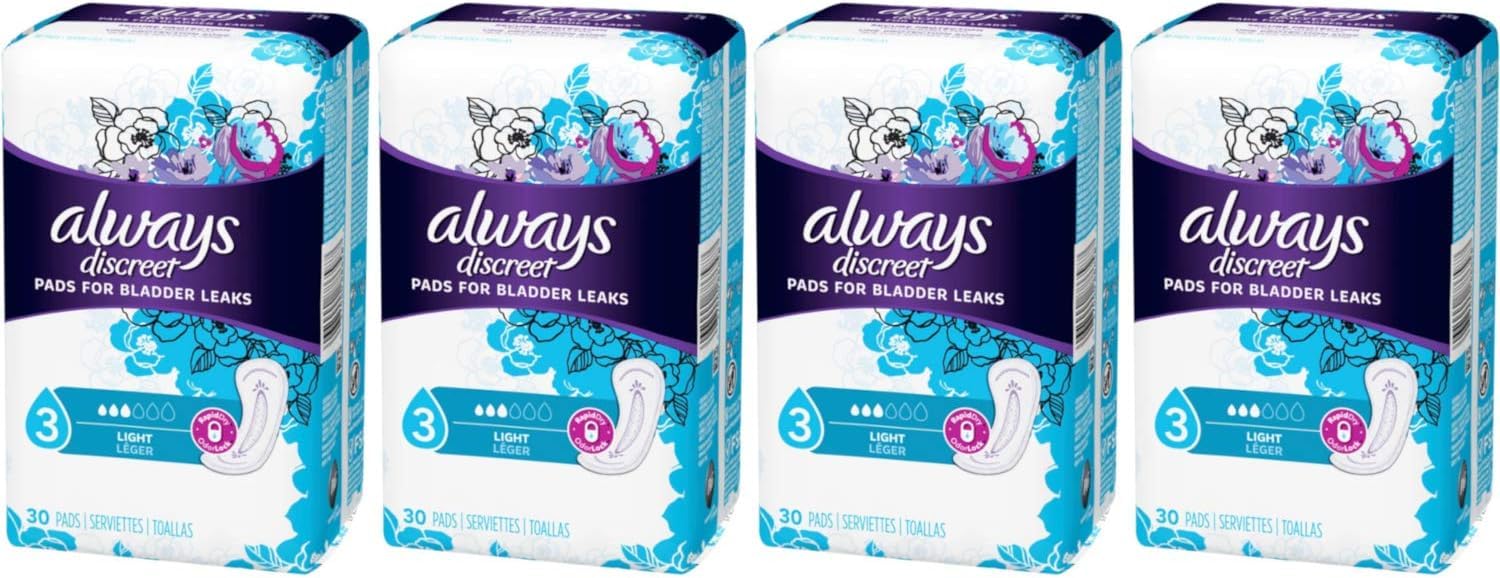 Always Discreet Incontinence Pads for Women - Light Absorbency (3 Drops), 30 Count per Pack (4 Packs) - Bladder Leak Protection for Daily Use, Exercise & Travel