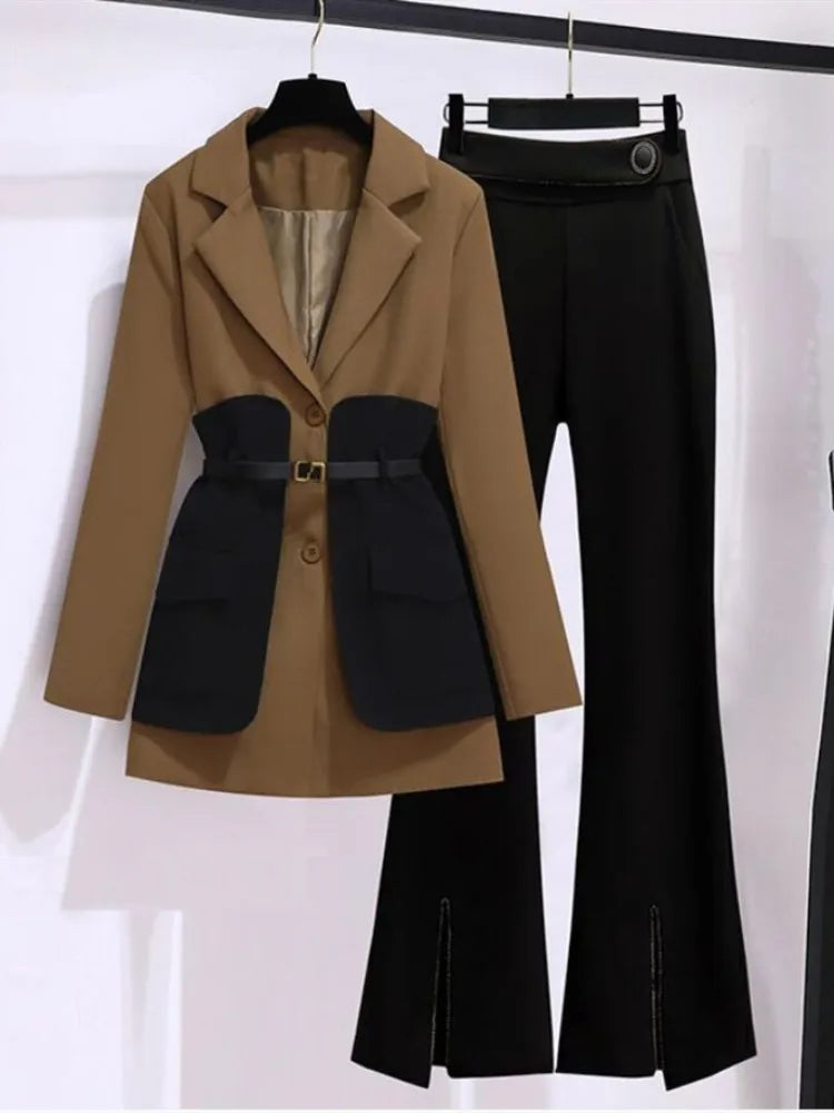2023 Women's Spring Patchwork Belted Jacket & Pants Suit - Elegant Office Blazer Set for Business Casual Outfits | Professional Workwear & Stylish Business Attire