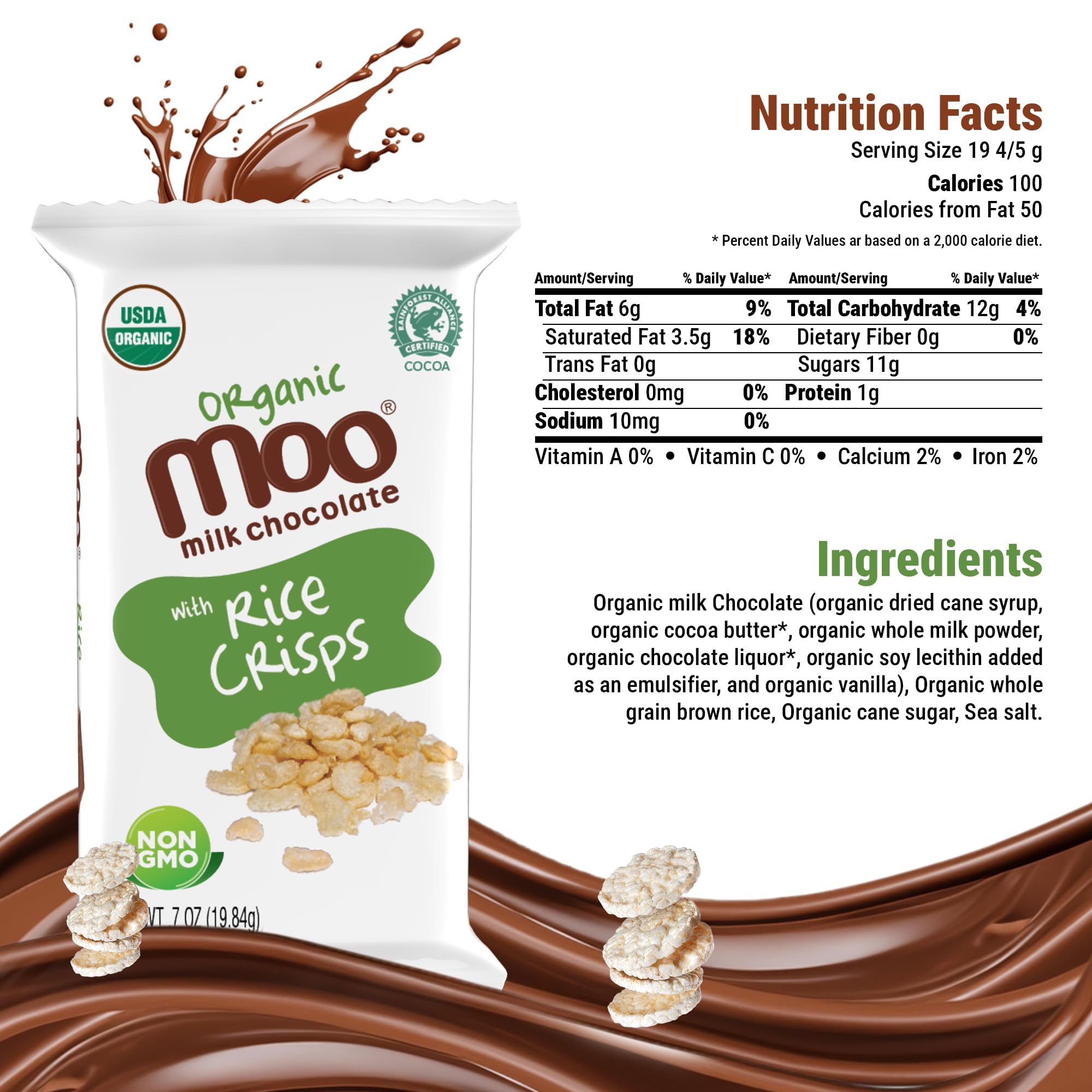Organic Milk Chocolate Mini Bars with Rice Crisps 0.7oz (14 Count) - USDA Certified, Non-GMO, 100 Calorie Snack - Perfect for Travel, School Lunchboxes & Office Breaks - Healthy Chocolate Treat for Kids & Adults