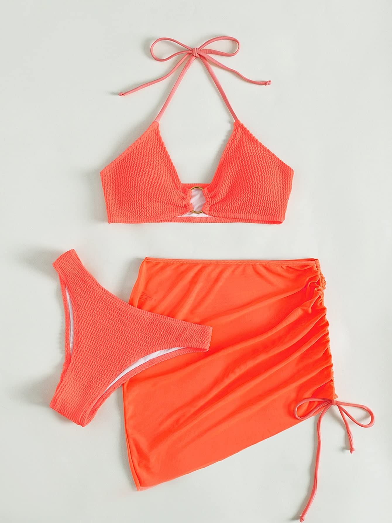 MakeMeChic Women's 3 Piece Swimsuit Set - Halter Bikini Top, High Waist Bottom & Cover Up Skirt | Sexy Summer Beachwear for Pool, Vacation & Water Sports