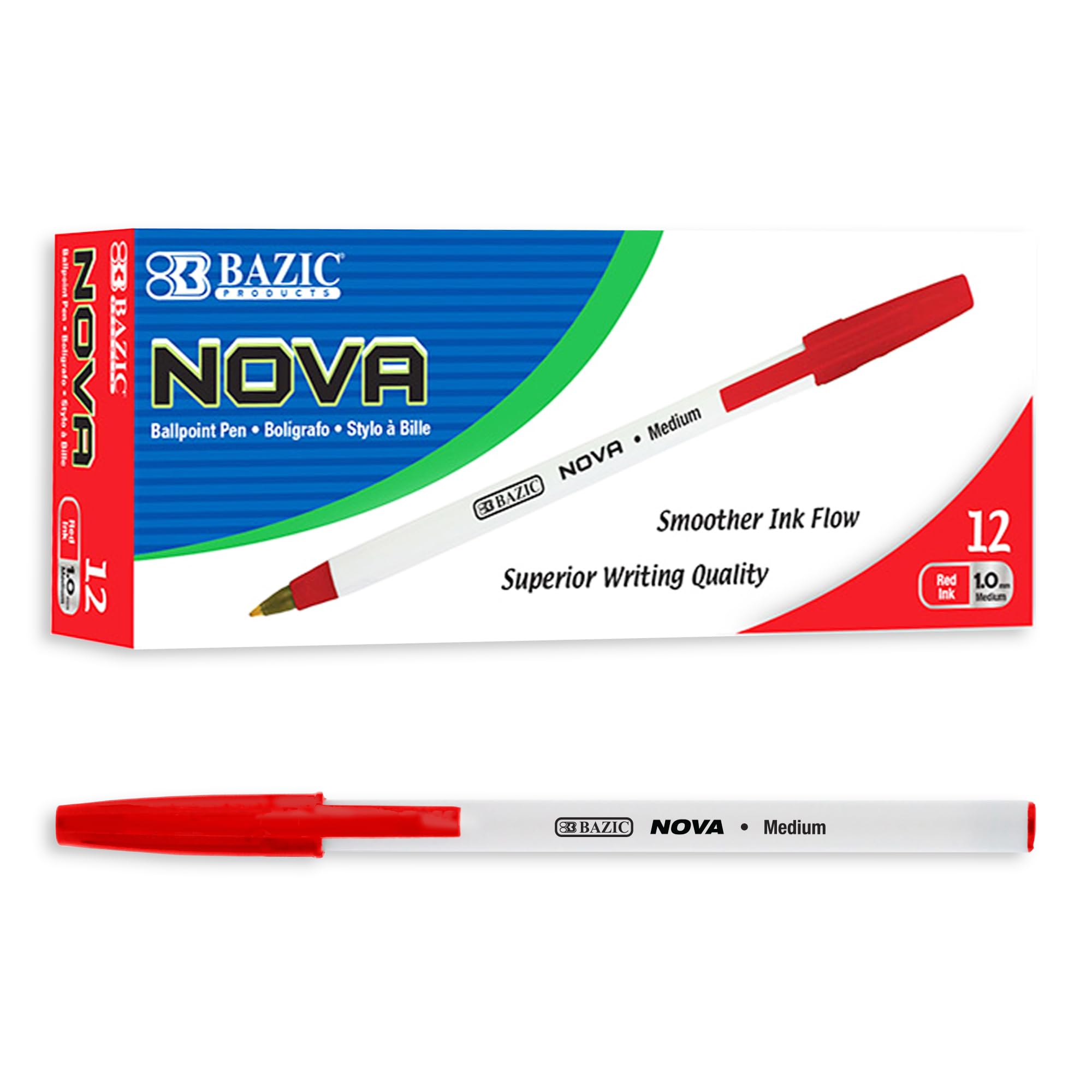 BAZIC Ballpoint Pens Nova Red 1.0mm Bold Point Smooth Writing Pens - 12 Pack (144 Total) for School, Office, Note Taking & Gift Giving