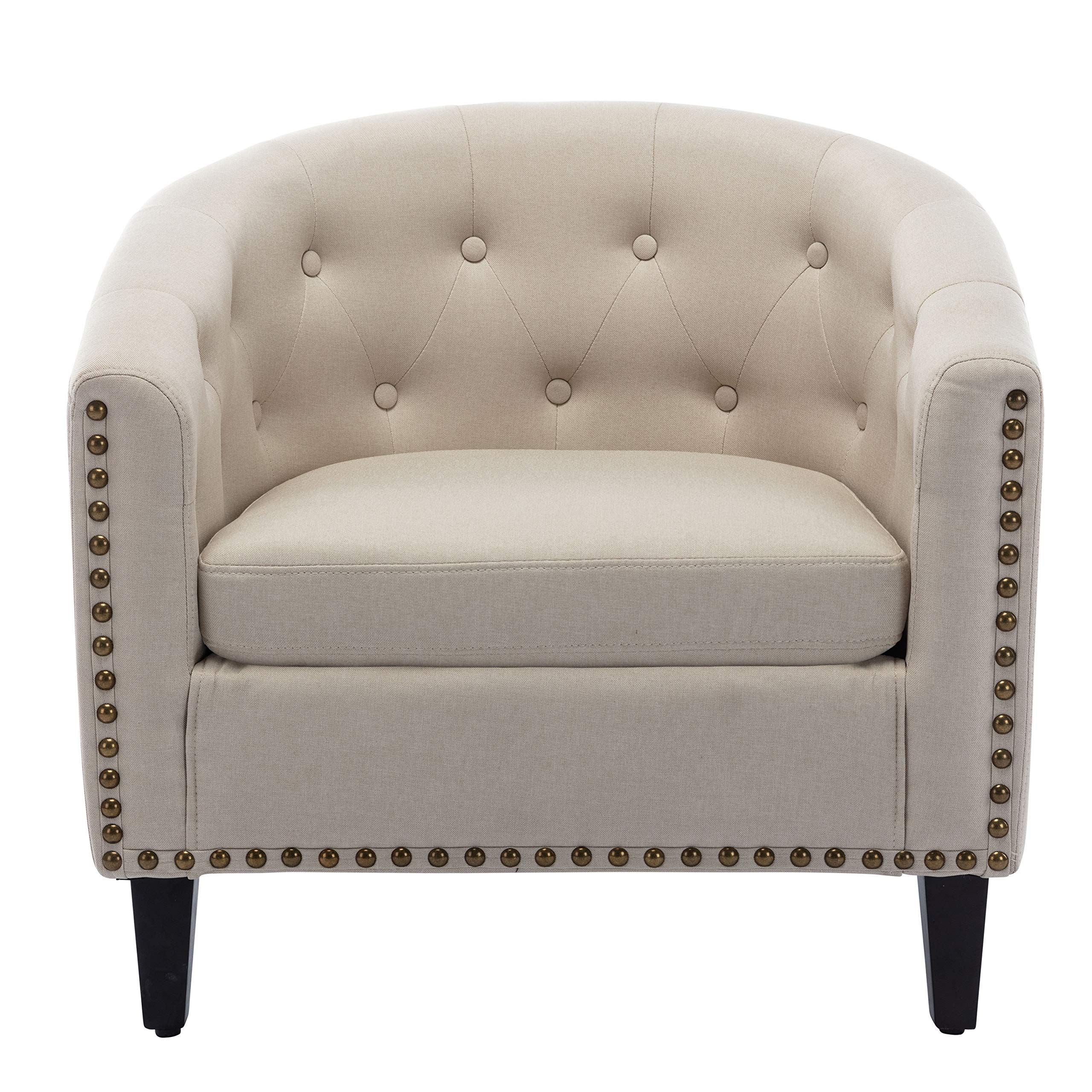 HomVent Accent Barrel Chair - Upholstered Arm Club Chair with Nailhead Trim, Solid Wood Legs & Premium Fabric - Stylish Tub Barrel Design for Living Room, Bedroom & Reception Areas (Tan) - Perfect for Cozy Reading Nooks, Lounge Spaces & Guest Seating