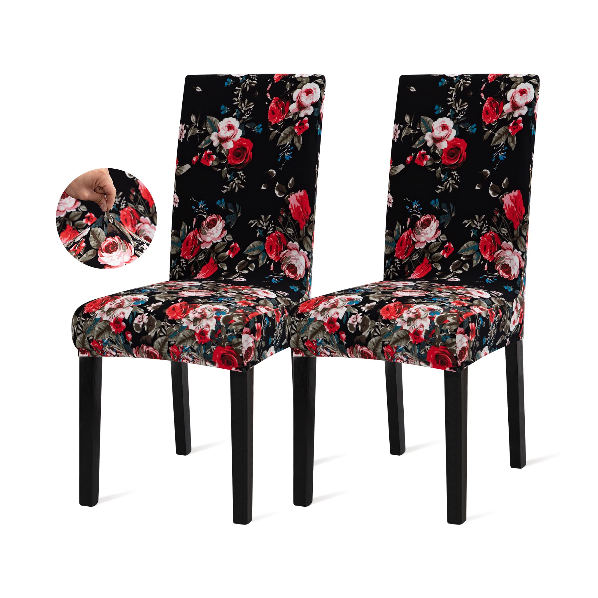 Stretch Dining Chair Covers Set of 2 - Black Rose Spandex Slipcovers for Kitchen, Parsons & Dining Room Chairs | Washable Chair Protectors for Home, Restaurant & Office Use