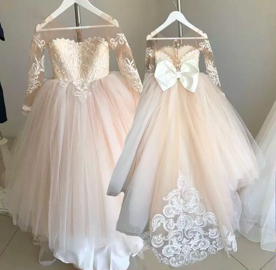Little Girl Flower Princess Dress - Lace Tulle Sleeve Party Dress with Bow for Weddings, Birthday & Special Occasions | Perfect for Flower Girls, Pageants & Formal Events