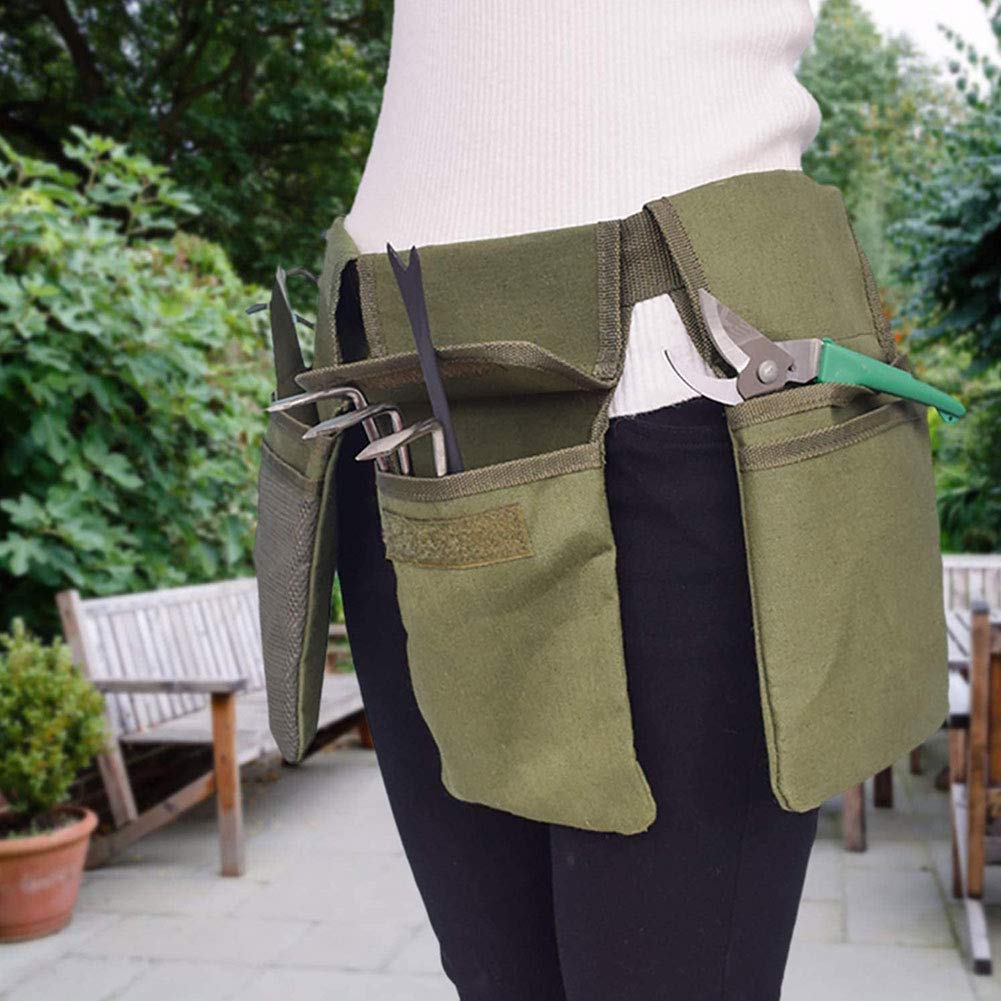 Heavy Duty Canvas Garden Tool Belt - Waterproof Gardening Waist Apron with 4 Pockets for Tools, Seeds & Accessories (Army Green) - Perfect for Landscaping, Yard Work & Outdoor DIY Projects