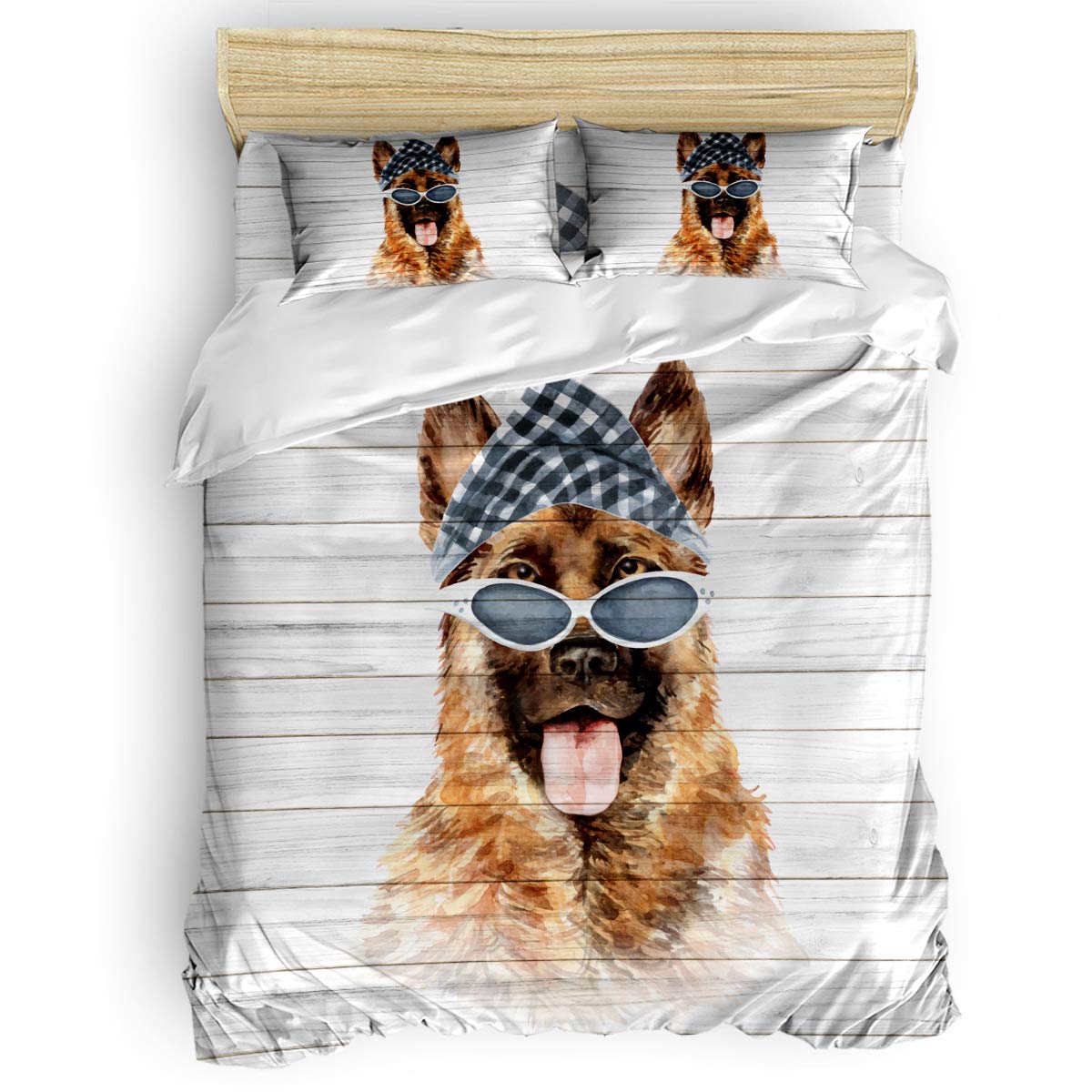 Funny German Shepherd Dog with Sunglasses Queen Duvet Cover Set - 4 Piece Bedding Set Includes 1 Duvet Cover, 1 Fitted Sheet & 2 Pillowcases - Soft Microfiber Home Decor for Dog Lovers - Perfect for Master Bedroom, Guest Room or Pet-Themed Nursery