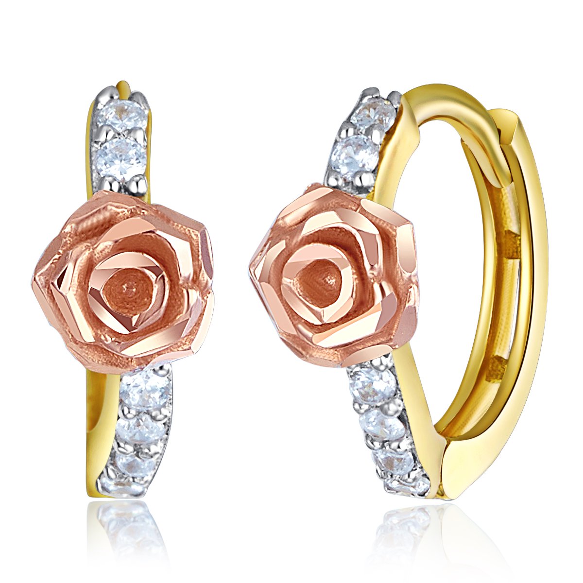 Wellingsale 14k Rose & Yellow Gold CZ Huggie Hoop Earrings for Women - Elegant Rose Design, Perfect for Parties, Weddings & Everyday Wear