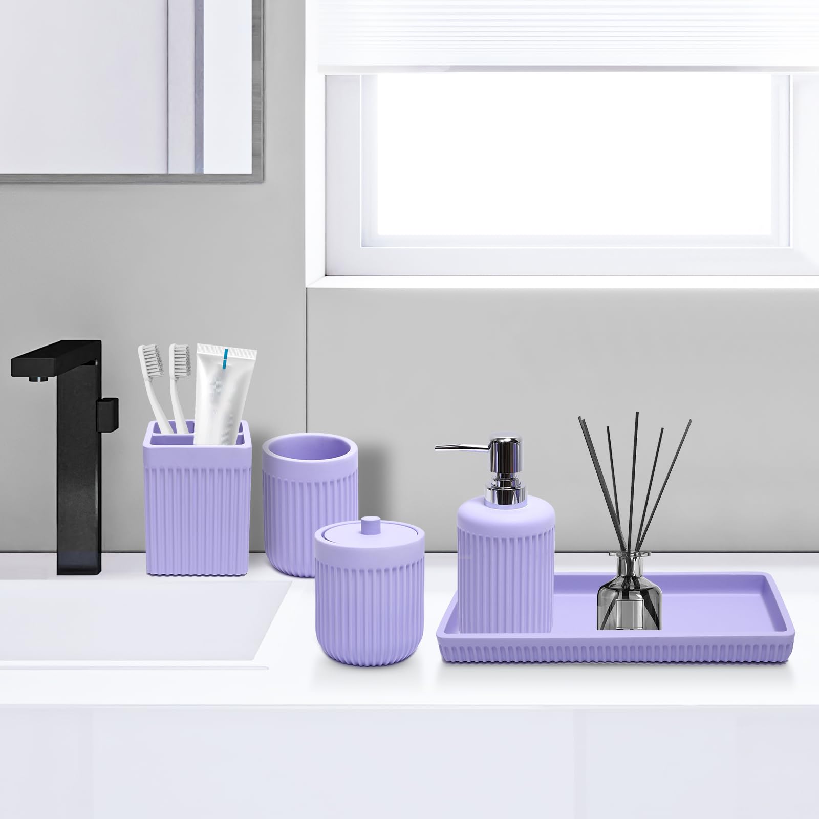 Light Purple Resin Bathroom Accessories Set - 5 Piece Soap Dispenser, Toothbrush Holder, Tumbler, Q-Tip Holder & Vanity Tray | Countertop Organizer for Home, Apartment & Dorm | Perfect for Modern Bathroom Decor & Organization