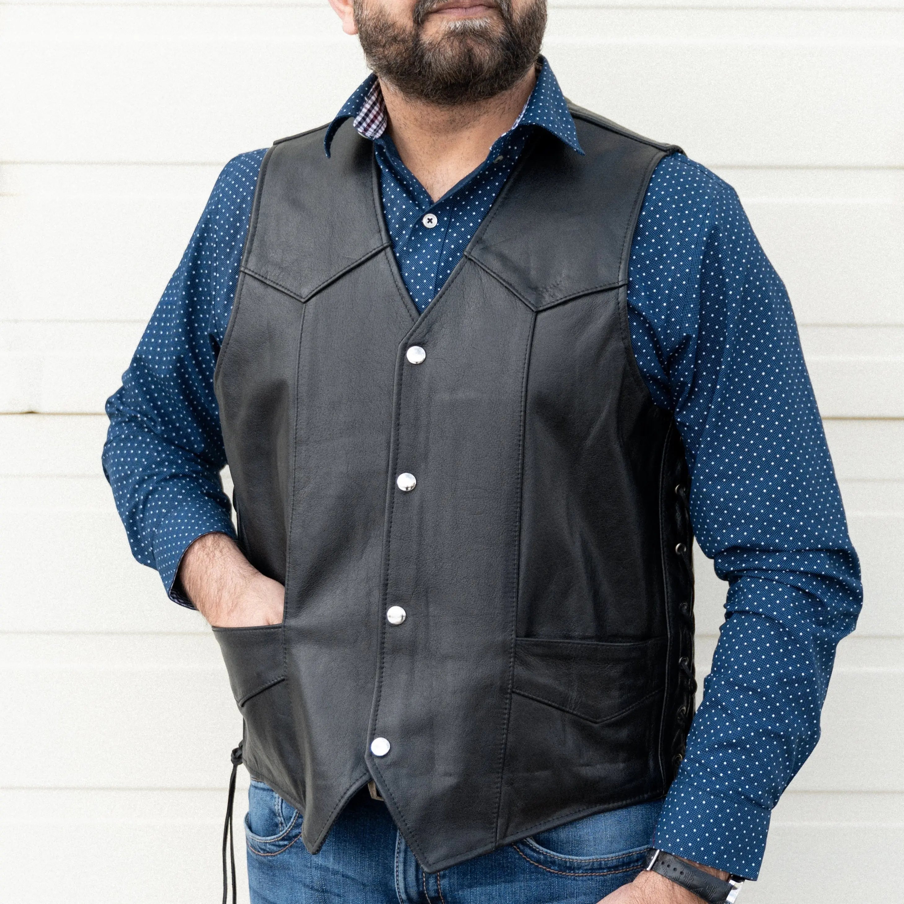 Open Road Men's Lace Side Leather Vest - Stylish Biker Vest for Motorcycle Riding, Western Fashion & Casual Outfits