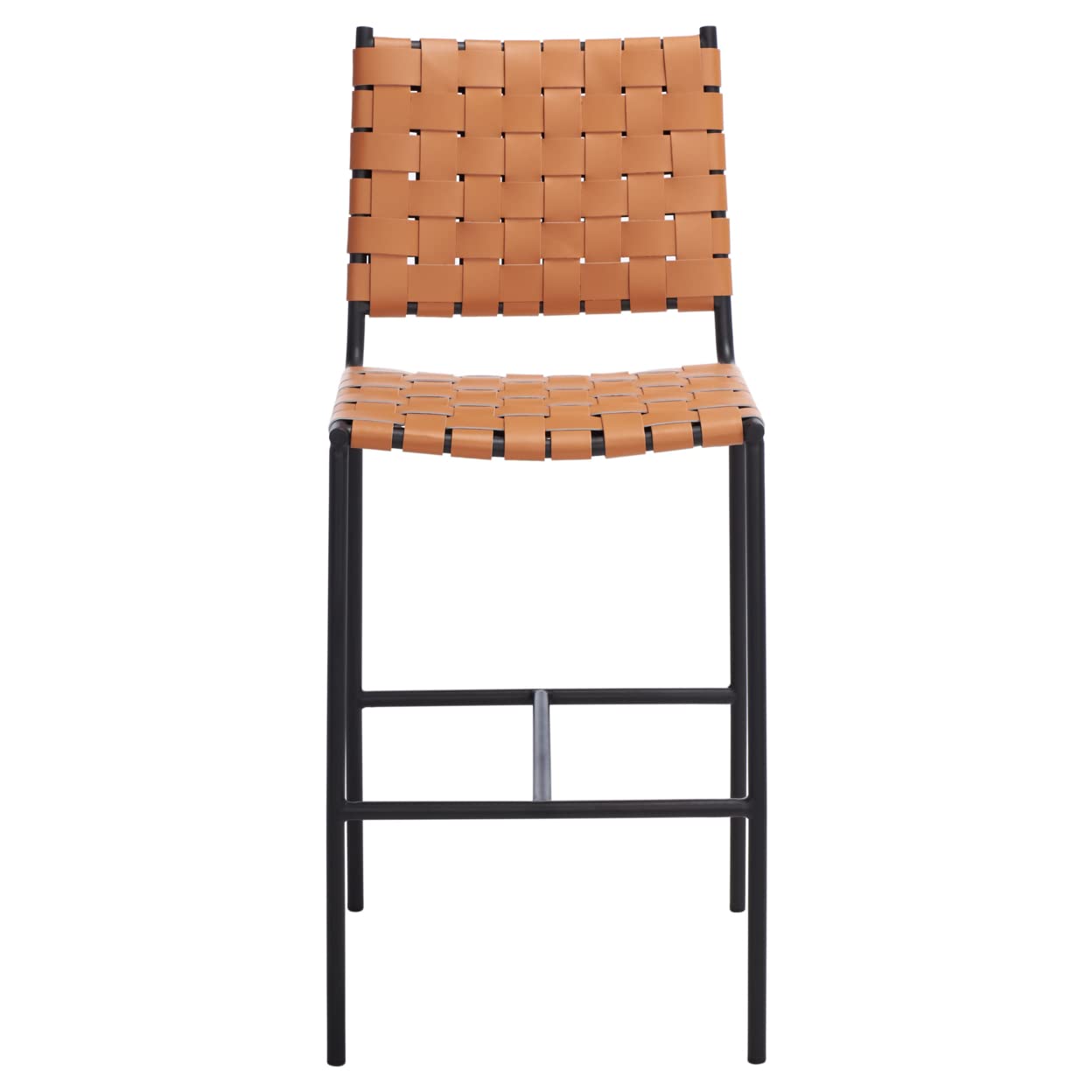 SAFAVIEH Home Collection Olenna Cognac & Black Woven Leather 26-inch Bar Stool - Fully Assembled Kitchen Island, Breakfast Nook & Counter Height Stool for Dining Room, Restaurant & Cafe