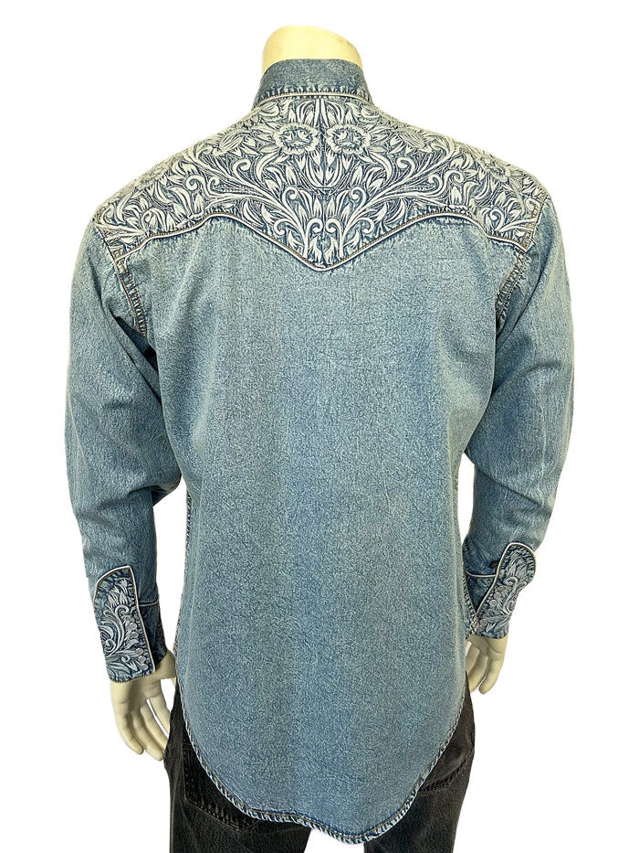 Rockmount 6859 DBLU Vintage Tooling Embroidered Western Shirt for Men - Denim Blue Western Wear for Rodeo, Country Music & Casual Outfits