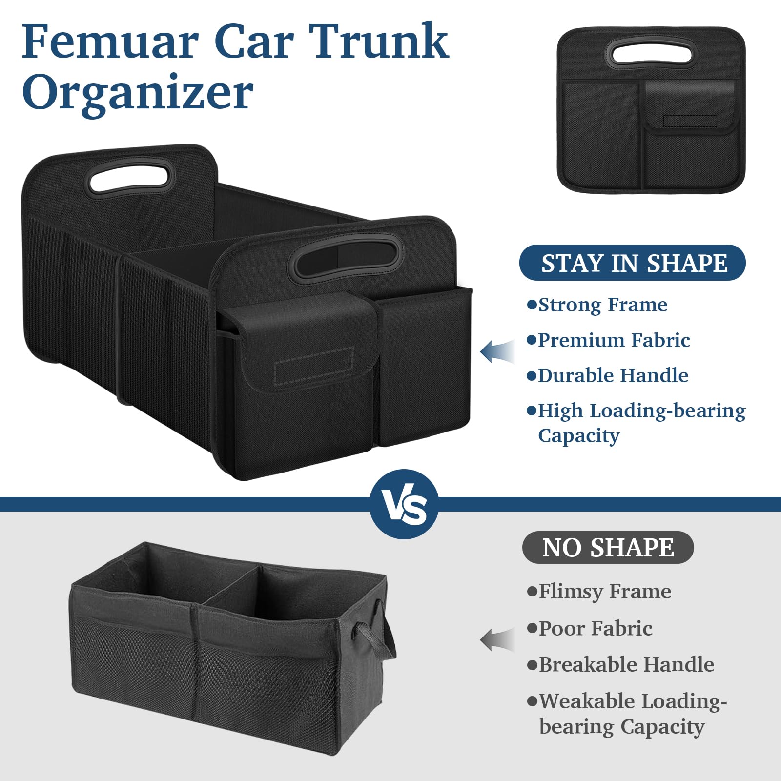 Femuar Large Capacity Waterproof Collapsible Car Trunk Organizer for SUV/Jeep/Sedan – Durable Black Storage Solution for Travel, Groceries, and Sports Gear
