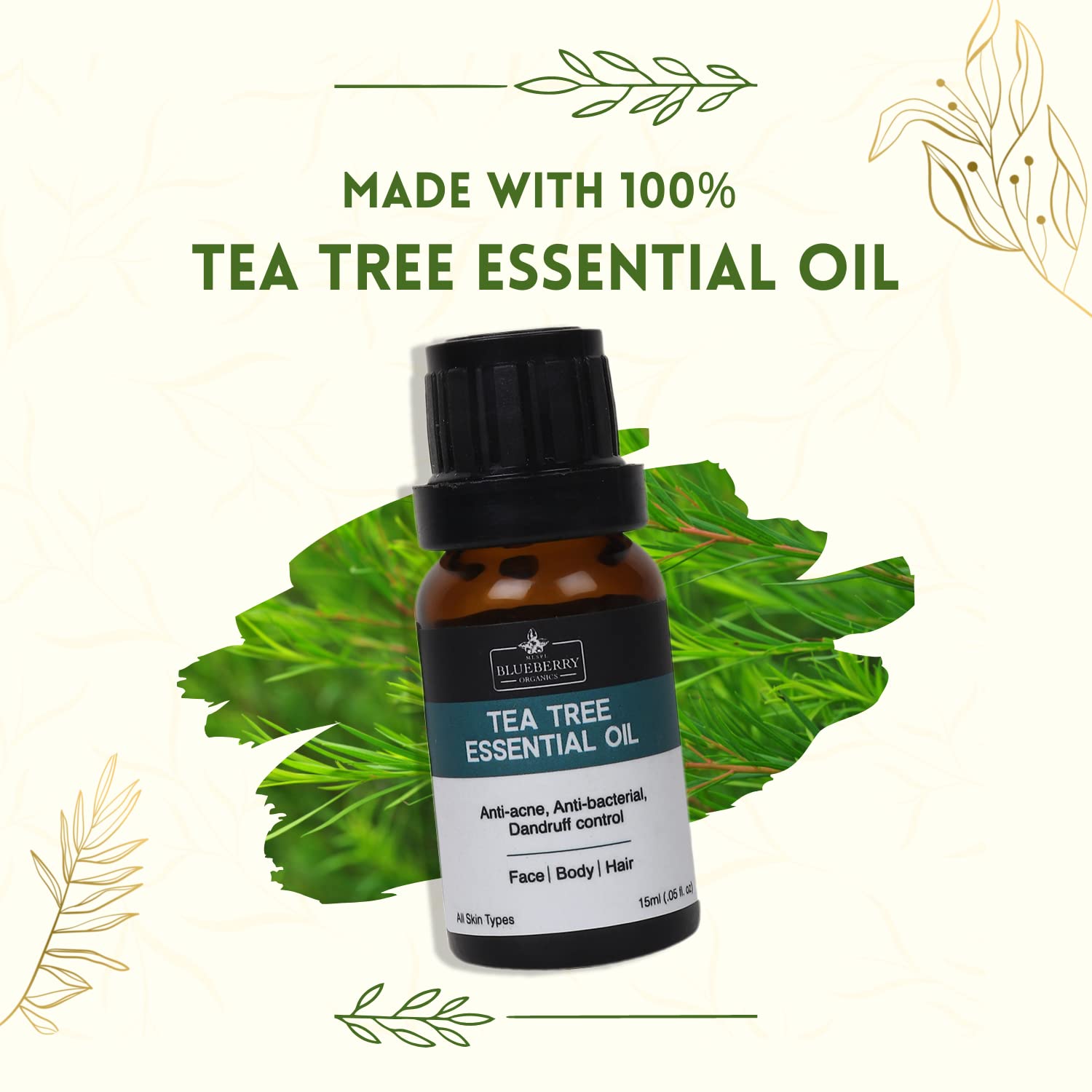MLSPL Organic Tea Tree Essential Oil for Skin, Hair & Acne Treatment - 100% Pure Natural Aromatherapy Oil for Face Care, Scalp Health & Blemish Relief - 15ml Bottle - Perfect for DIY Beauty, Massage & Home Spa
