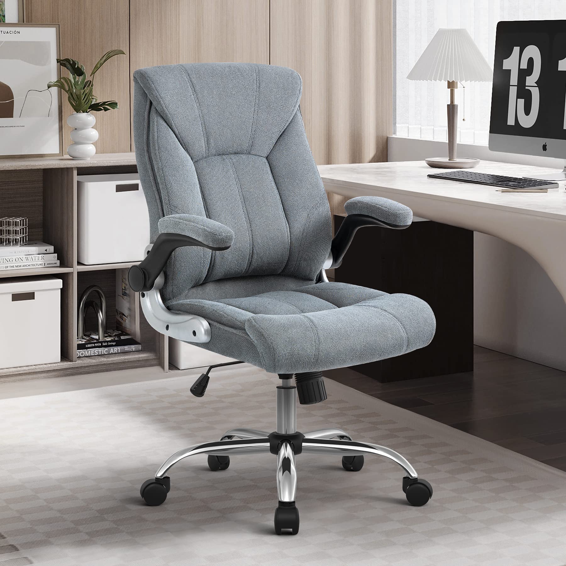 YAMASORO Ergonomic Executive Office Chair with Flip-Up Arms, Lumbar Support & Wheels - Comfortable Swivel Task Chair for Home & Office Workspace - Gray