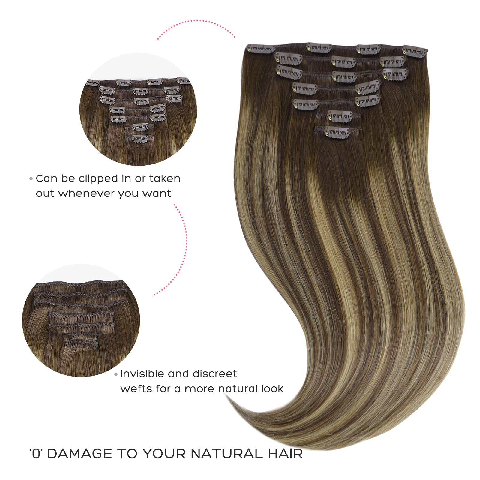 Marat Clip in Human Hair Extensions 14 Inch 120g - Balayage Chocolate Brown to Honey Blonde Straight Hair Weft - Perfect for Daily Styling, Parties & Special Occasions