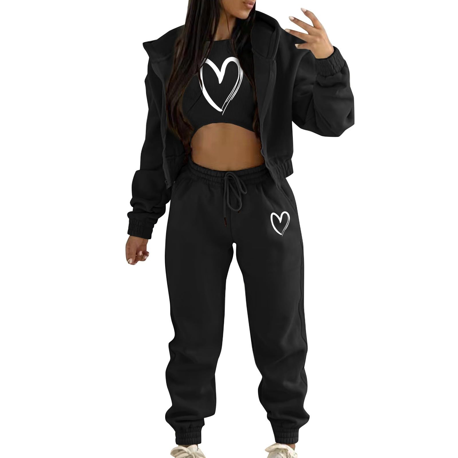 Women's 3-Piece Travel Outfits Set - Zip Hoodie, Crop Top & Jogger Sweatpants Tracksuit for Lounge & Airplane Comfort