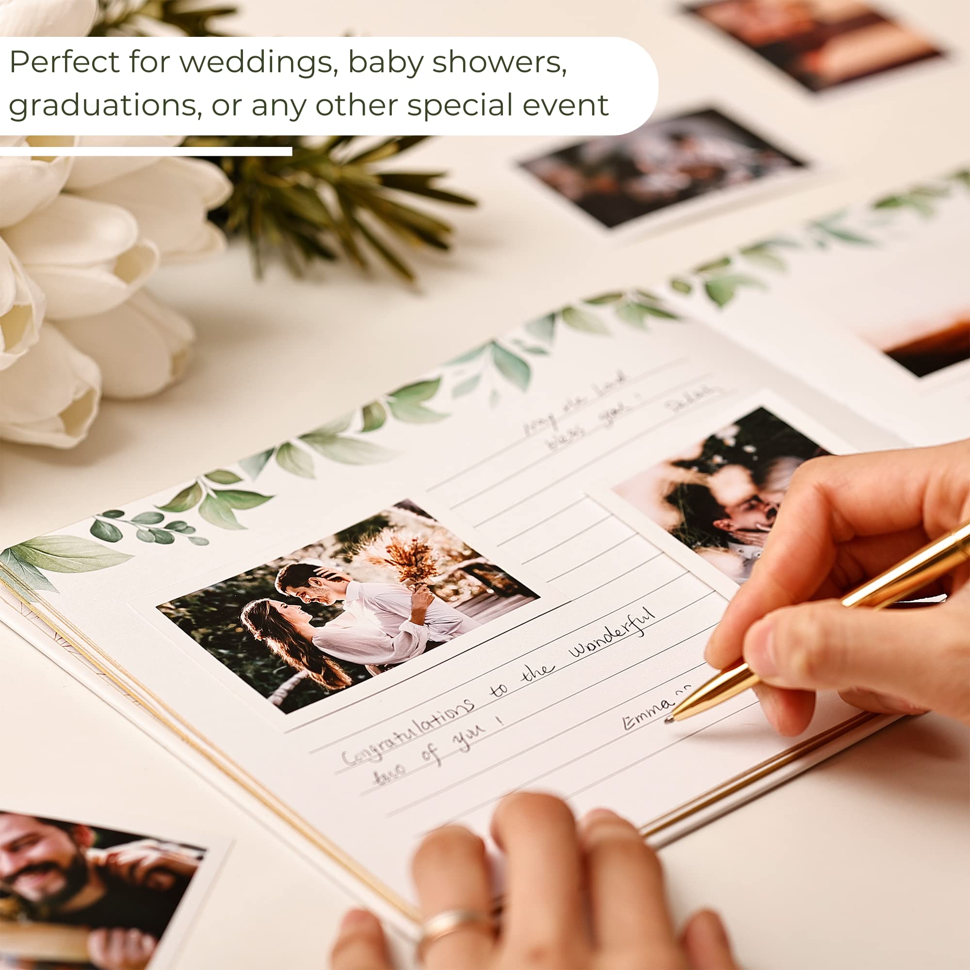 Elegant Gold Foil Greenery Wedding Guest Book 7x9 Inches - Includes Pen & Table Sign - Perfect for Wedding, Bridal Shower, Baby Shower, Graduation, Birthday, Anniversary & Funeral Guest Registry - Ideal for Reception Decor & Keepsake Memories