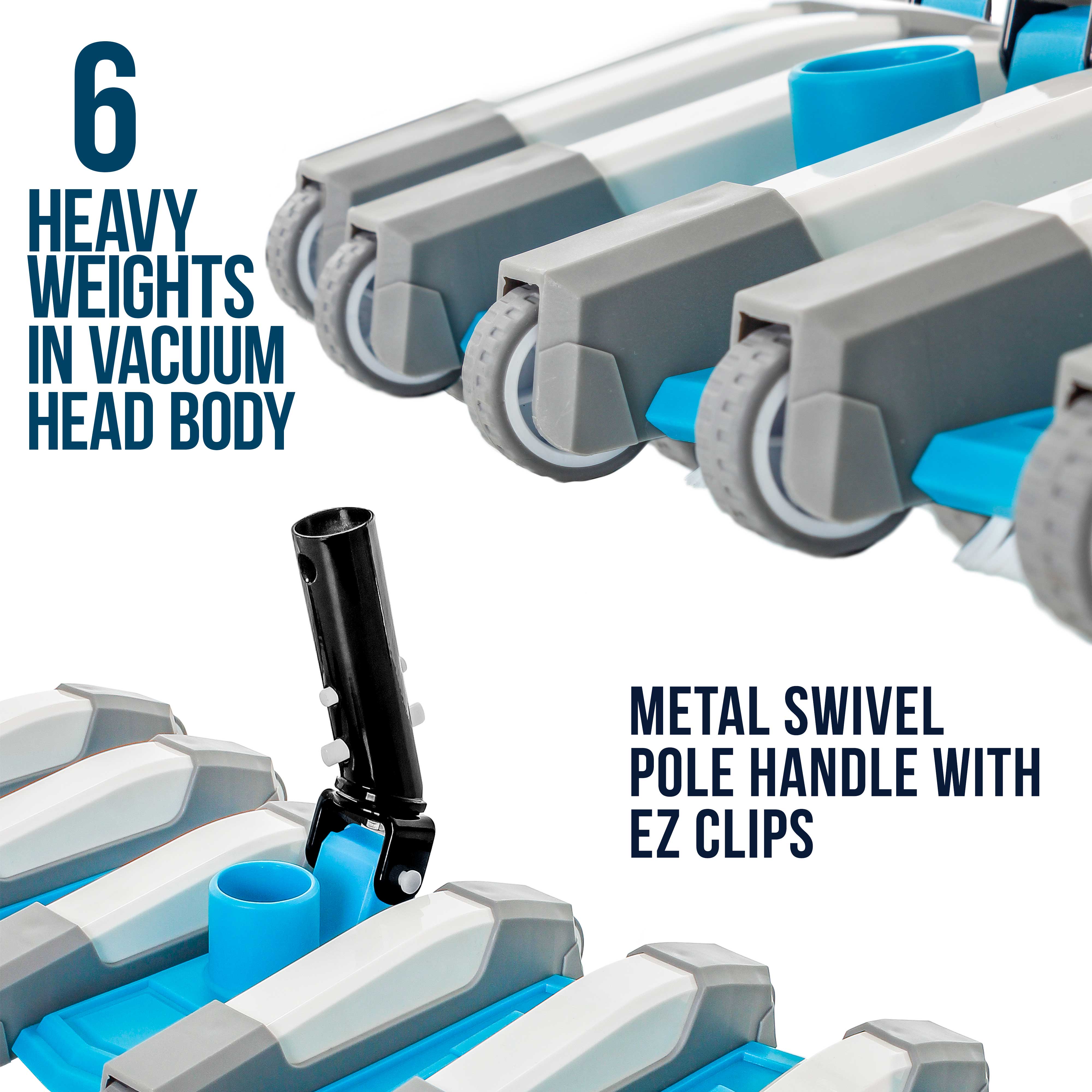 Heavy Duty Weighted Flexible Concrete Swimming Pool Vacuum Head with Side Brushes & Metal EZ Clip Handle - Professional Commercial Grade Pool Cleaner for Inground & Above Ground Pools - Ideal for Residential & Commercial Pool Maintenance