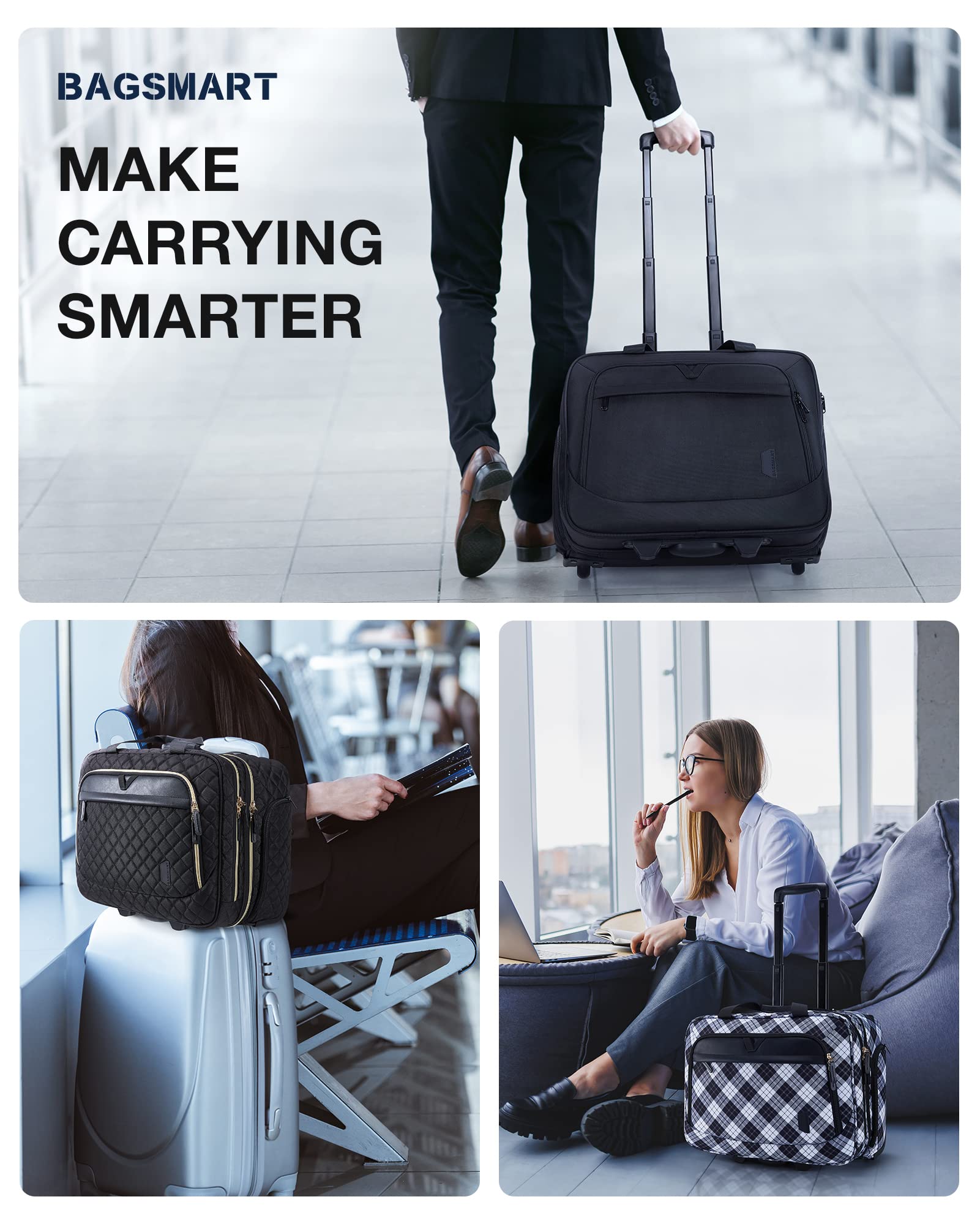 BAGSMART 17.3 Inch Rolling Laptop Briefcase with Wheels - Water-Resistant Quilted Black Computer Bag for Women & Men - Perfect for Business Travel, Work Commute & Airplane Carry-On