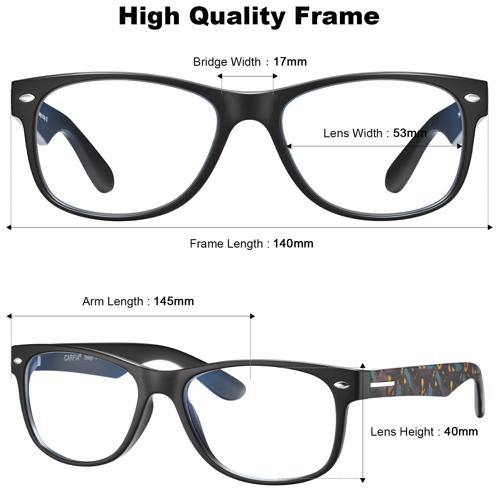 CARFIA Blue Light Blocking Glasses for Men & Women - Anti Eye Strain Computer Glasses, Gaming Glasses for Headache Relief, Square Nerd Eyewear - Perfect for Office Work, Online Classes & Nighttime Screen Use