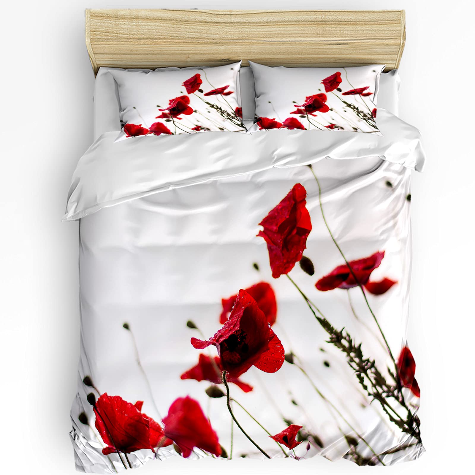 Royalreal Twin Duvet Cover Set - Red Poppy Flower Design with Burlap Texture & Watercolor Style | Soft Comforter Cover with 2 Pillowcases for Teens, Kids & Adults | Perfect for Bedroom Decor, Guest Rooms & Dorm Essentials