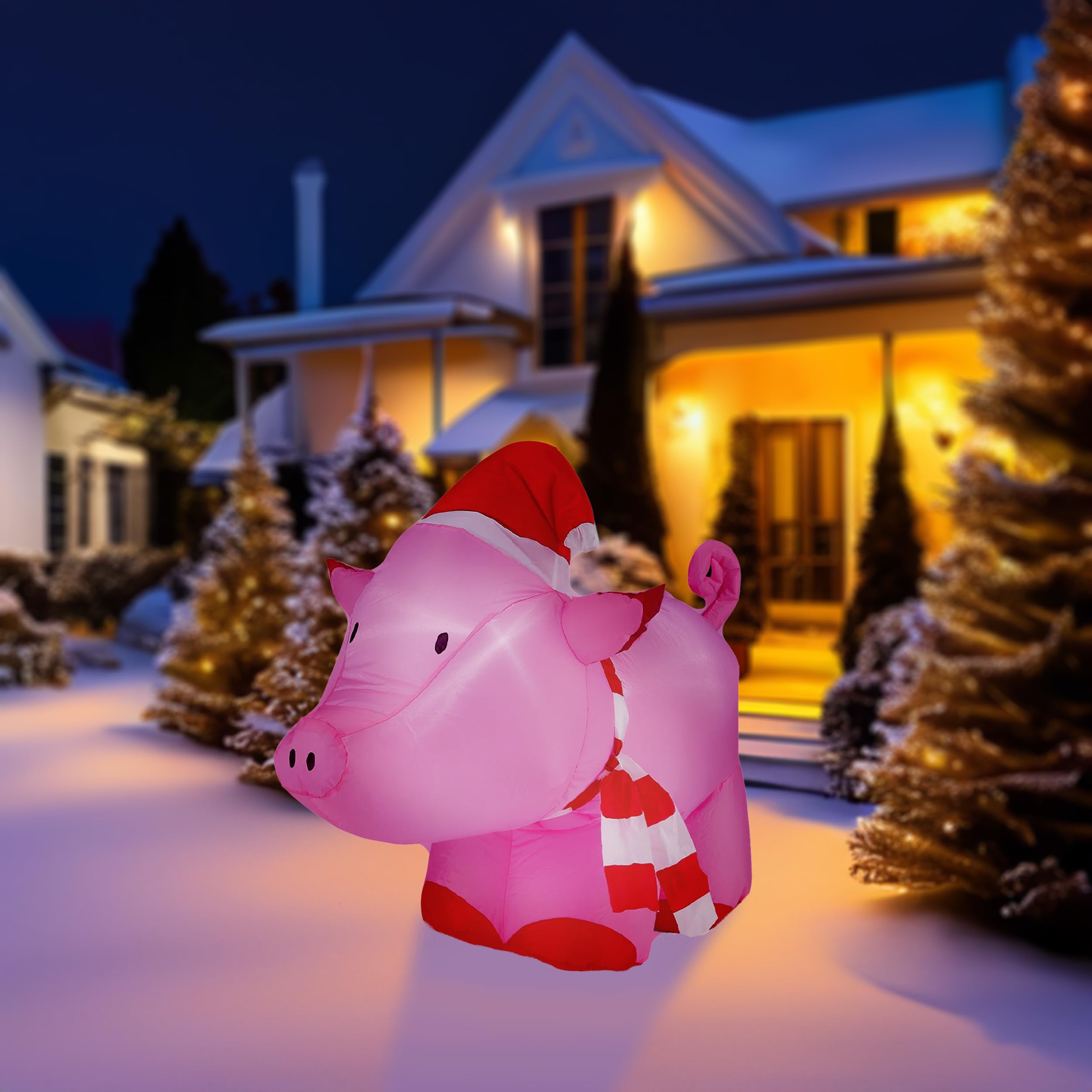 Inflatable Pink Pig with Santa Hat Decor & LED Lights - Outdoor Christmas Decoration for Yard, Garden, and Holiday Party Decorating