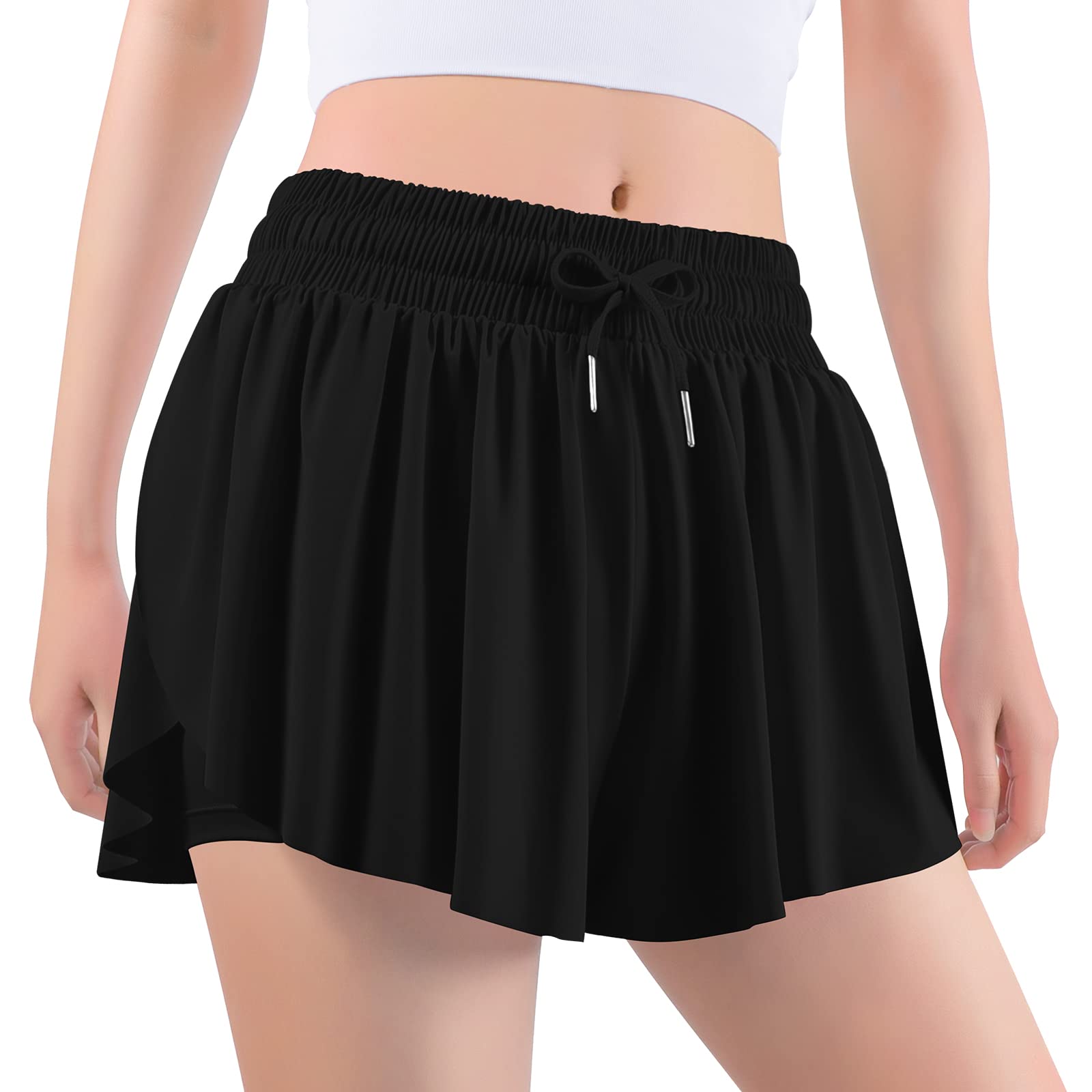 Auranso Girls Butterfly Shorts with Pockets - 2-in-1 Athletic Running Shorts for Gym, Yoga & Casual Wear - Comfortable Flowy Preppy Clothes for Teens & Women