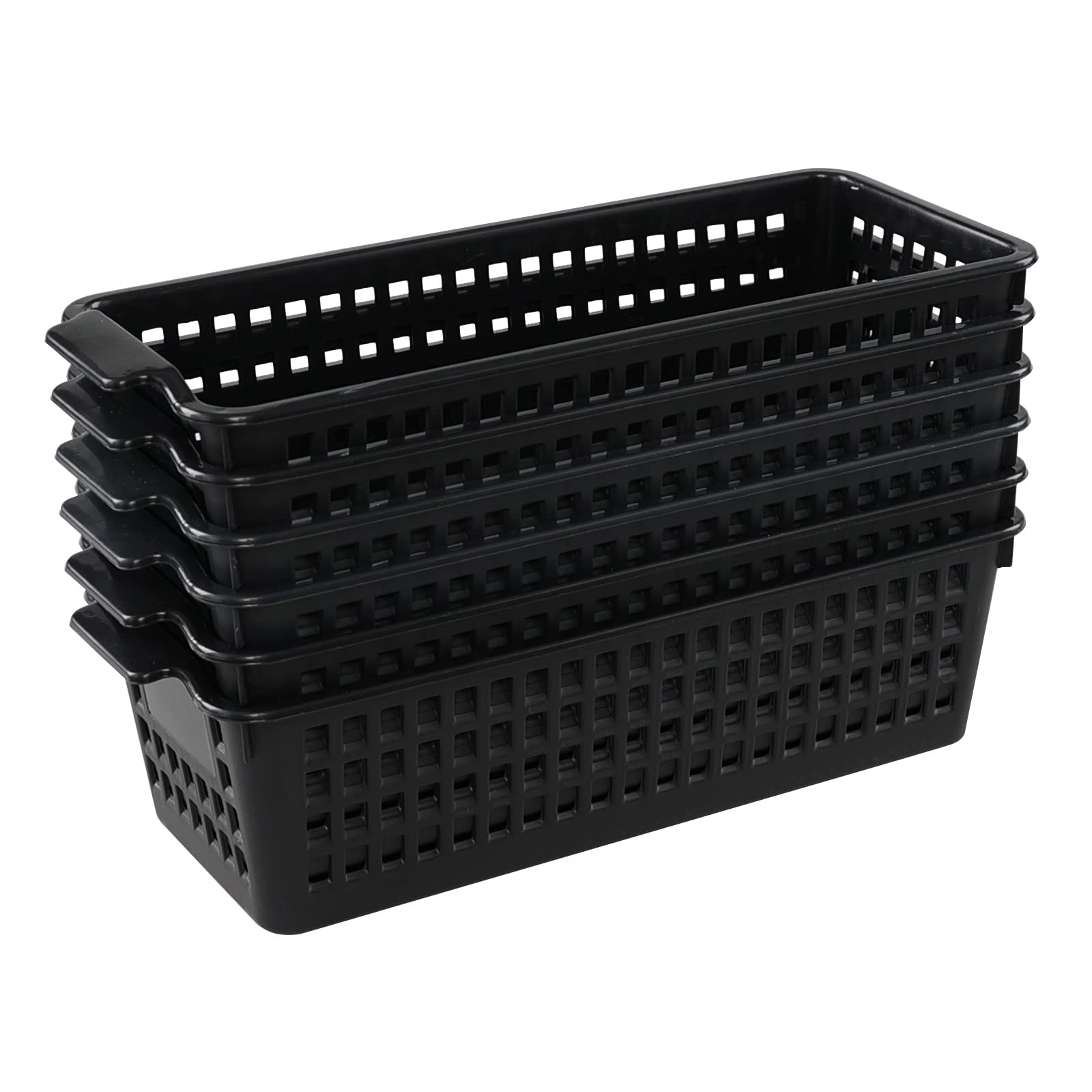 Vababa 6-Pack Black Plastic Desk Organizer Baskets - Slim Storage Containers for Office Supplies, Makeup, Bathroom Essentials & Home Organization