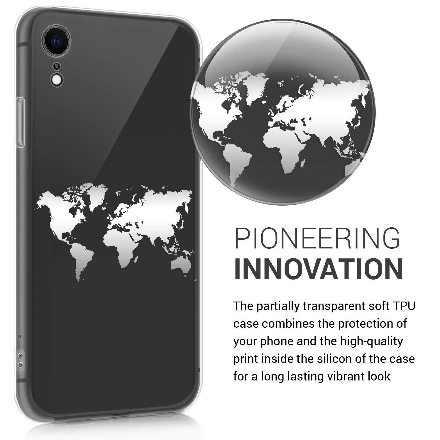 kwmobile Flexible TPU Case for Apple iPhone XR - Shockproof Slim Protective Phone Cover in Travel Outline Silver/Transparent - Perfect for Everyday Use, Travel & Outdoor Activities