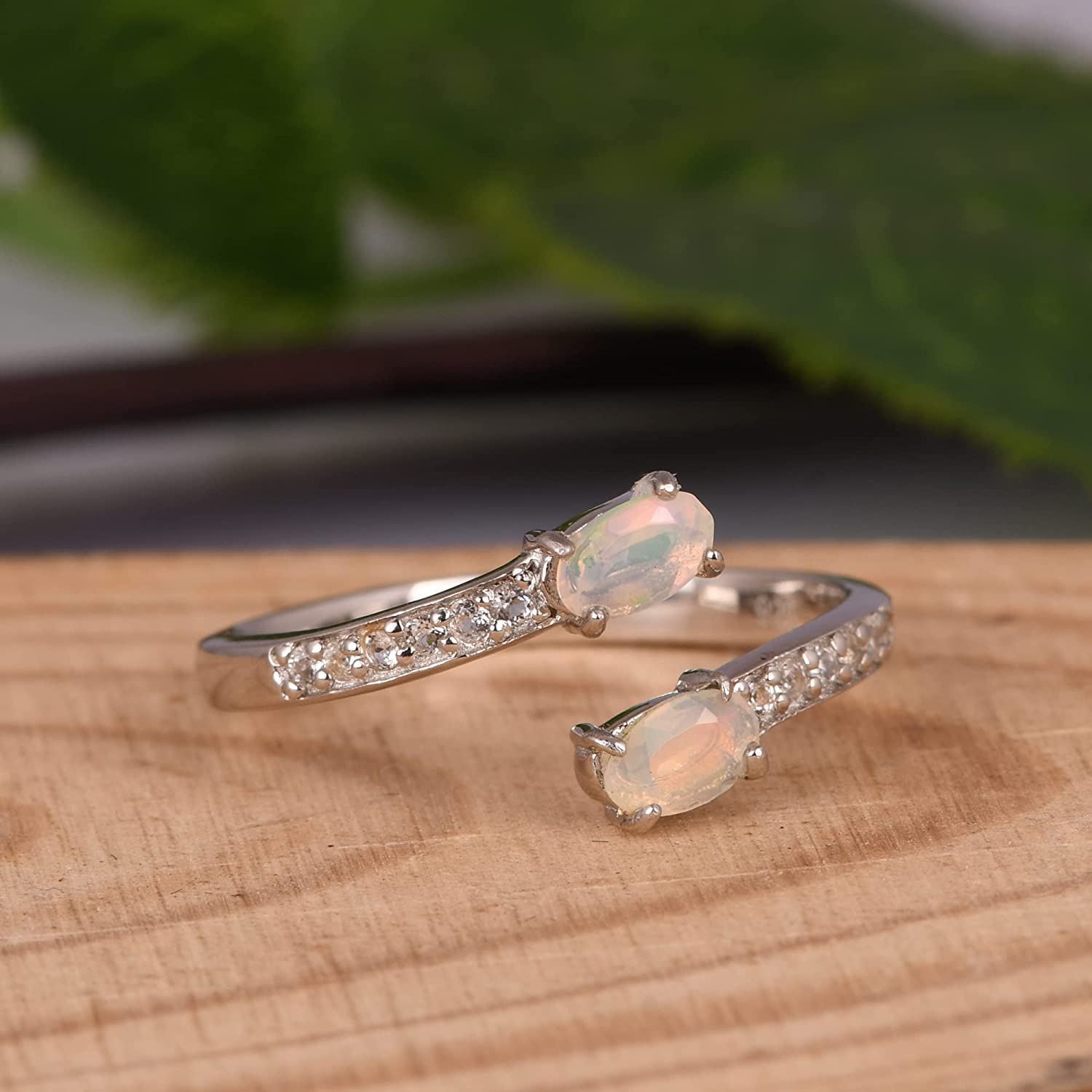 925 Sterling Silver Round Natural White Topaz & Ethiopian Opal Gemstone Ring for Women - Anniversary, Engagement, Baby Shower Gift for Mom, Sister & Friends | Elegant Jewelry for Special Occasions & Everyday Wear (Size 5.5)