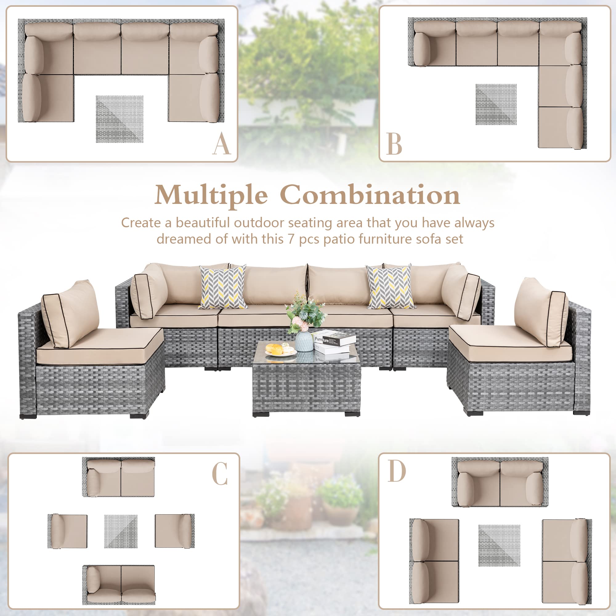 JAMFLY 7-Piece Wicker Patio Furniture Set - Outdoor Rattan Sofa Conversation Set with Washable Cushions & Glass Coffee Table (Khaki) - Perfect for Backyard, Garden, Porch, and Poolside Relaxation