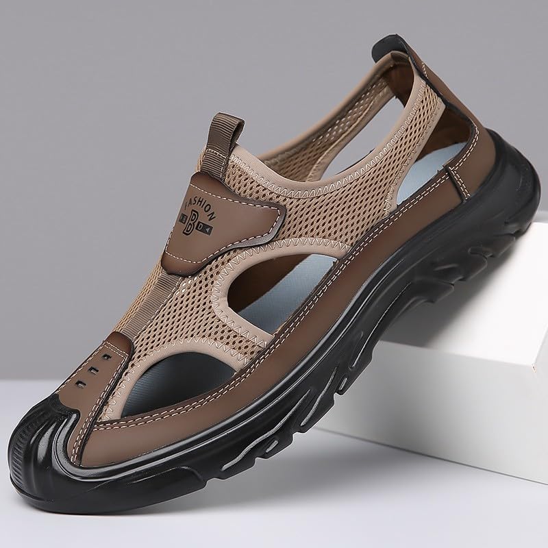 Men's Closed Toe Summer Sandals - Breathable Leather Trekking Shoes for Outdoor Hiking, Beach Walking & Casual Wear | Durable Fisherman Sneakers for Sports & Fashion