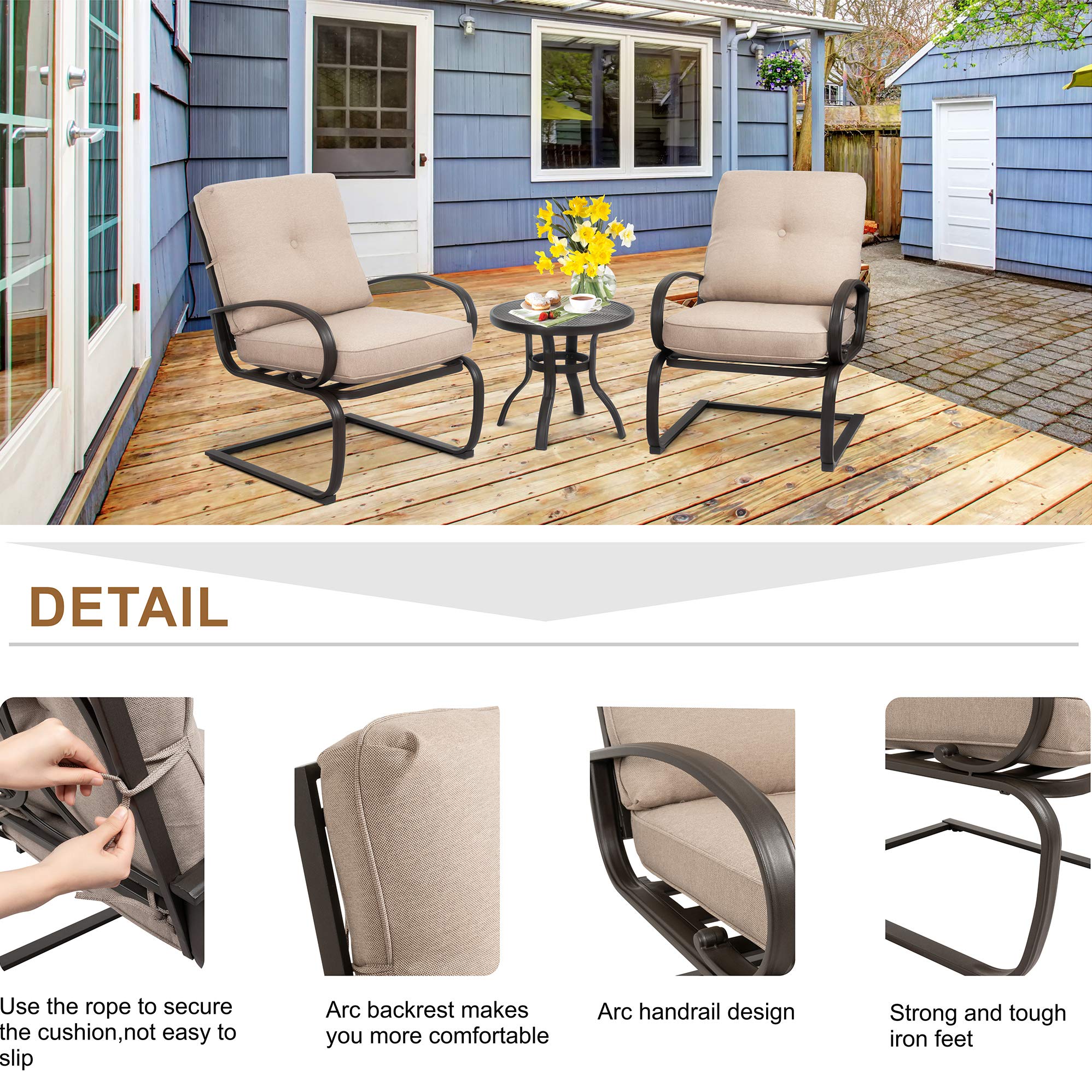 3-Piece Outdoor Patio Bistro Set with Spring Motion Chairs & Round Table - Steel Frame Conversation Furniture with Cushions (Beige) - Perfect for Garden, Balcony, and Indoor Lounge Areas
