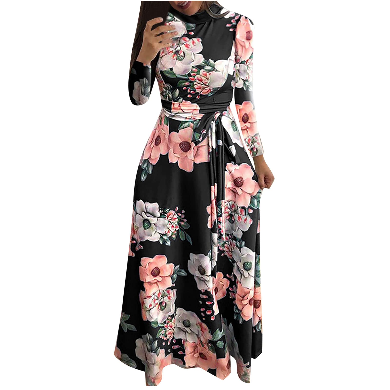 Elegant Women's Floral Printed Maxi Dress - Long Sleeve High Neck Lace-Up Wrap Waist Wedding Guest Dress | Perfect for Fall Weddings, Parties & Special Occasions