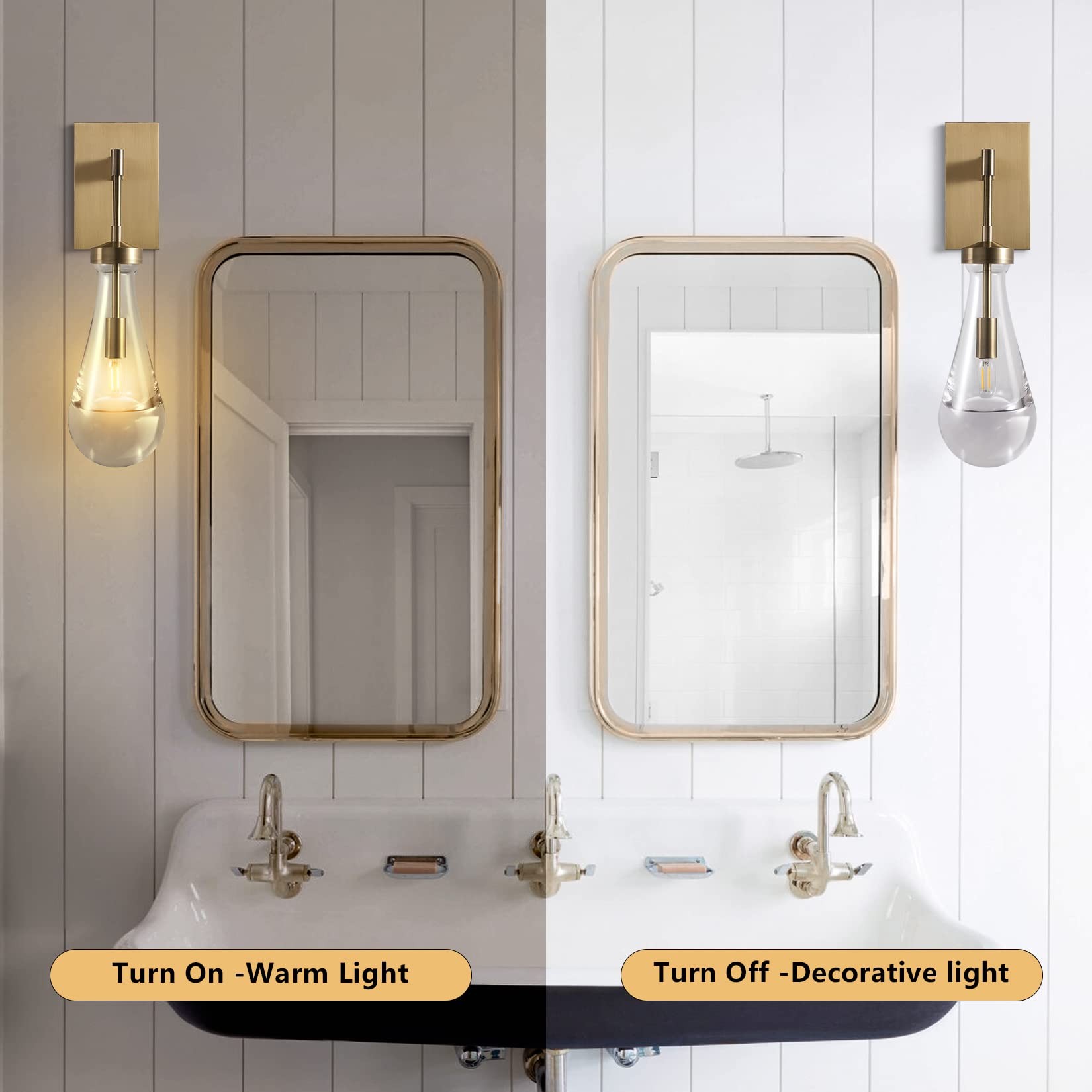 Set of 2 Brass Raindrop Wall Sconces - Hand Blown Solid Glass Wall Lighting Fixtures with Bulbs Included | Indoor Kitchen Decor Lamps for Bedroom, Living Room & Vanity | Perfect for Ambient Lighting & Home Decoration