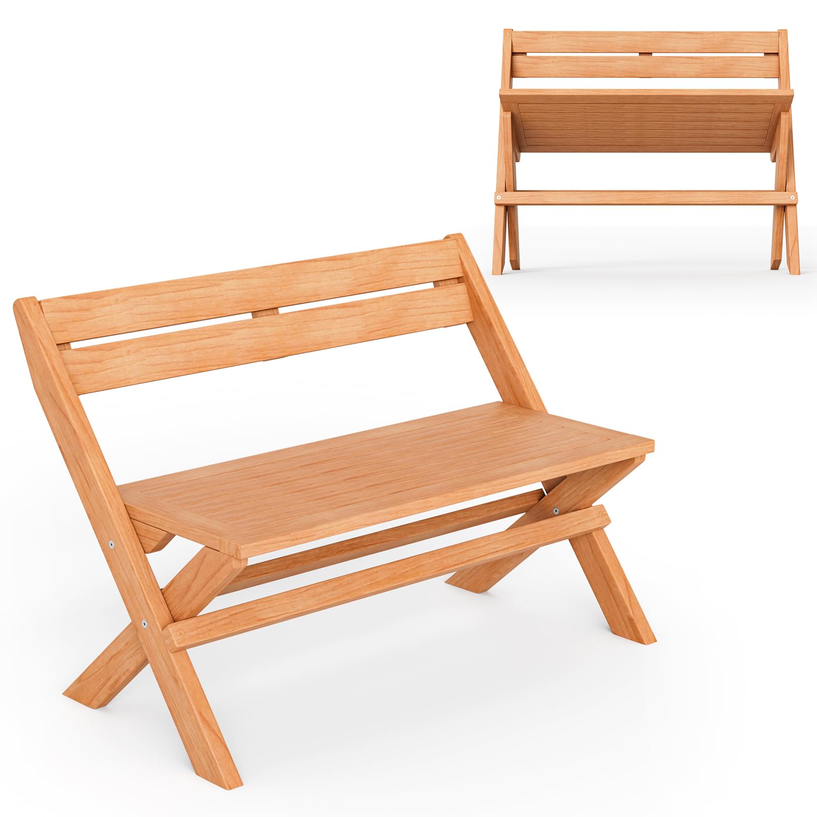 Giantex Solid Teak Wood Folding Outdoor Bench - 2-Person Patio Garden Bench with Natural Finish | Foldable Park Bench for Backyard, Poolside, Porch & Outdoor Seating | Perfect for Gardens, Decks & Relaxing in Nature