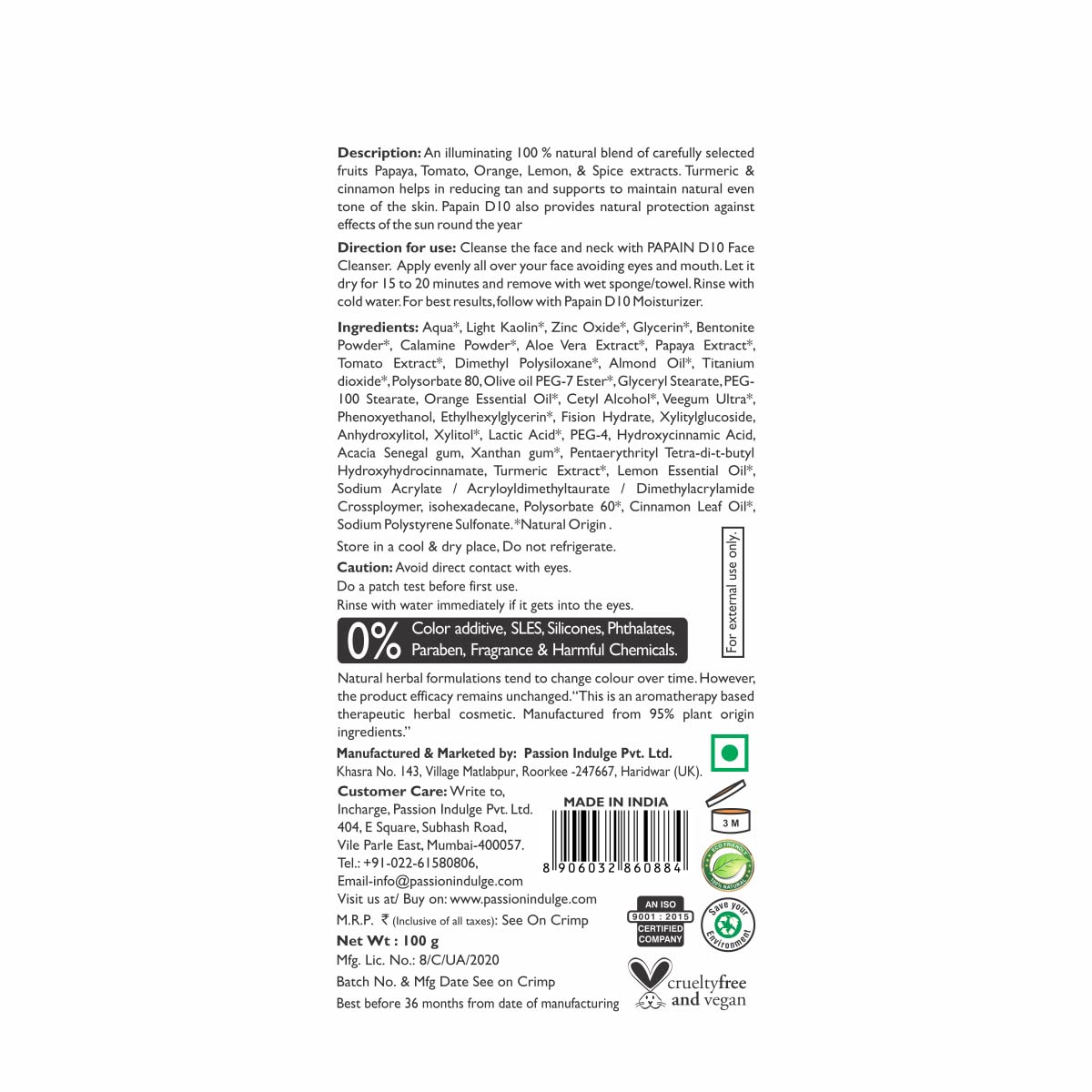Passion Indulge Papain D10 Natural Face Mud Mask for Tan Removal & Brightening | 100% Natural Vegan Skincare | Aromatherapy Facial Treatment | PETA Certified (100g) - Perfect for Spa Days & Post-Sun Care