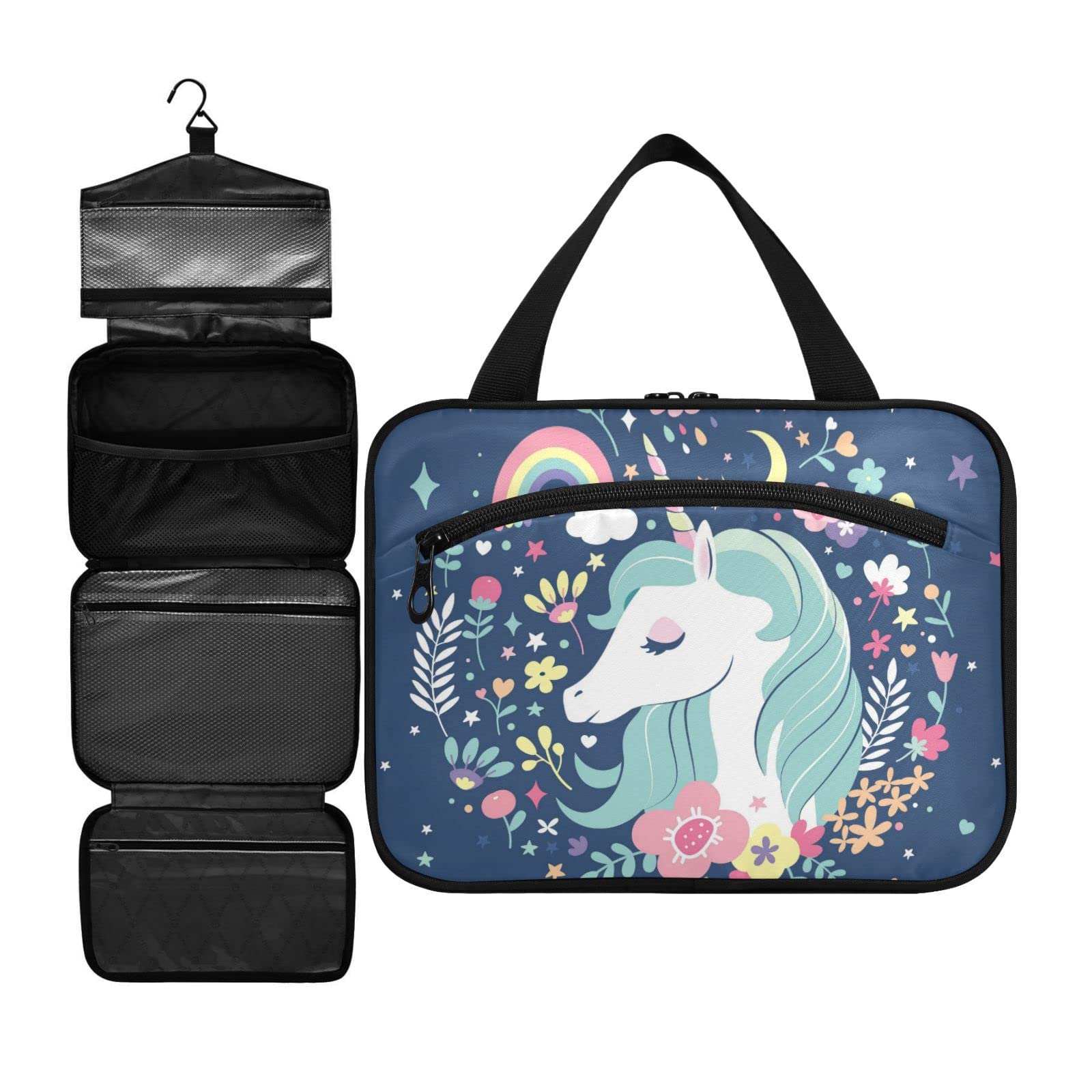 ZZKKO Unicorn Toiletry Bag for Women - Travel Makeup Organizer with Hanging Hook, Medium Multicolor - Perfect for Vacation & Gym