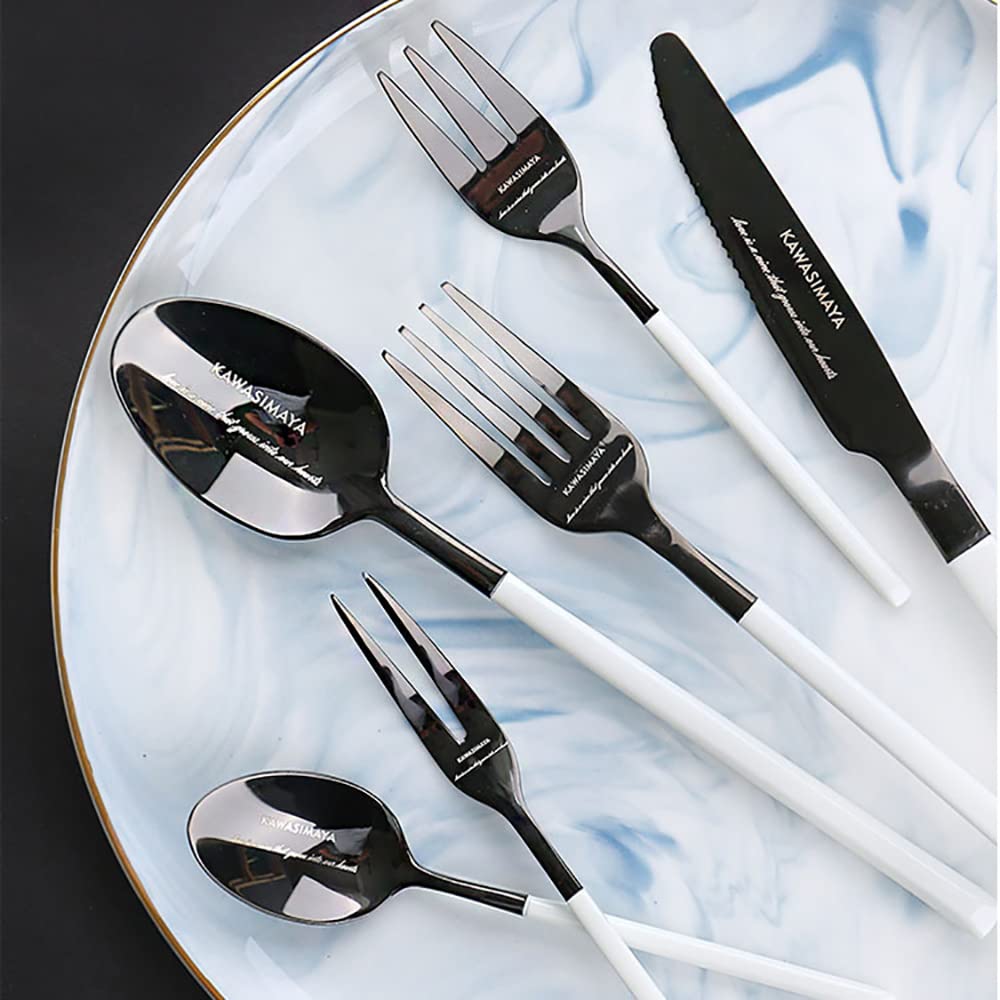 Premium Stainless Steel Flatware Cutlery Set - 6-Piece Silverware with White Handle (Fork, Spoon, Knife) for Home, Kitchen & Restaurant Use | Dishwasher Safe Utensils | Elegant Dining & Gift Set (Black)