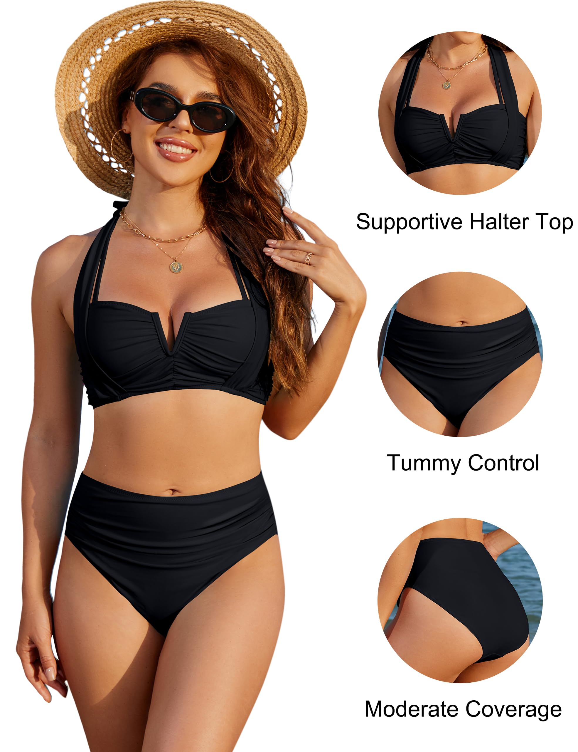 Blooming Jelly Women's High Waisted Bikini Set - Tummy Control Two Piece Bathing Suit Retro Halter Swimwear for Women 2025 | Beach Vacation, Pool Party, Summer Swimwear