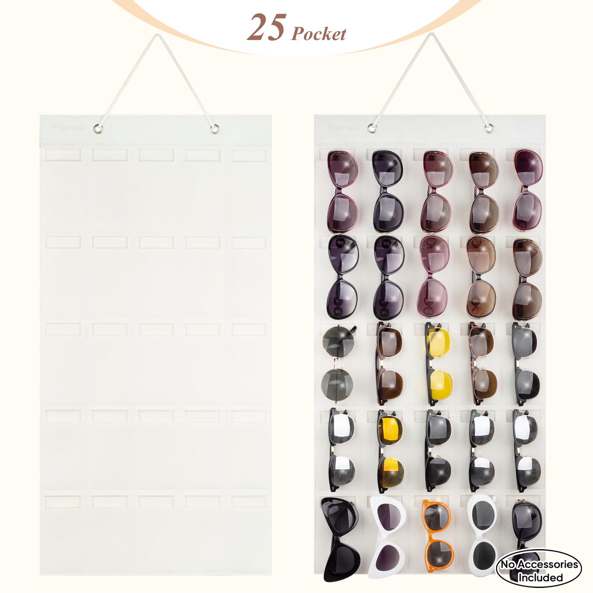 PACMAXI 25-Slot Sunglasses Storage Organizer - Wall Mounted Eyeglass Holder for Glasses & Sunglasses Display (Ivory White) | Perfect for Bedroom, Bathroom, Closet & Retail Store Organization