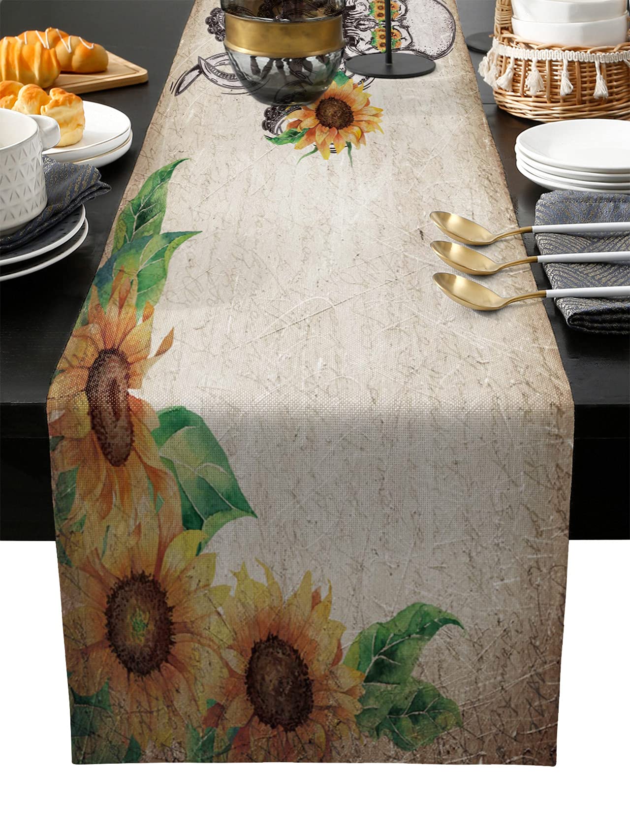 70 Inch Burlap Linen Table Runner with Octopus Skull & Sunflower Design - Farmhouse Kitchen Dining Decor for Wedding, Banquet, Coffee Table & Party | Retro Newspaper Print Home Decoration Scarf