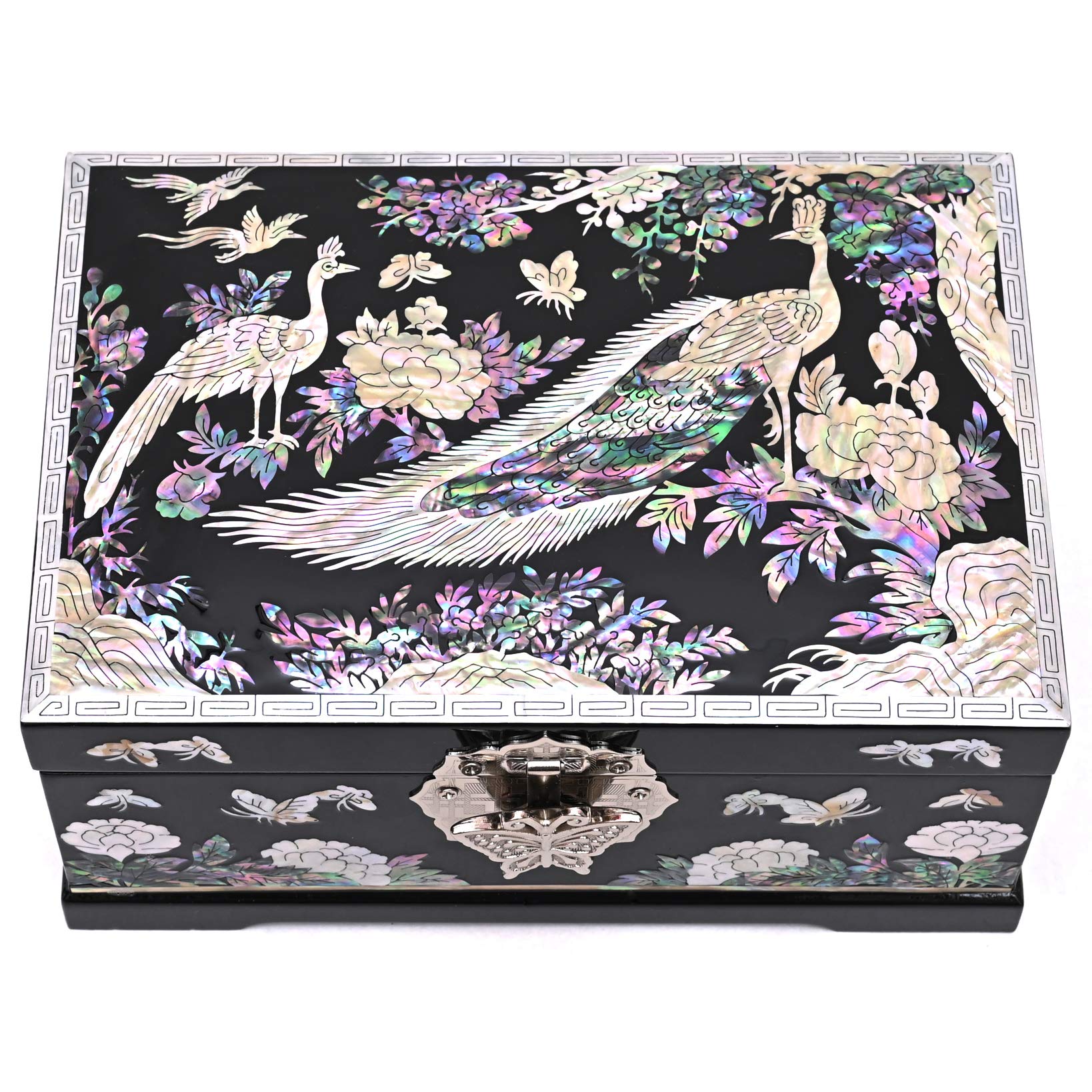 Elegant MADDesign Mother of Pearl Jewelry Box with Mirror Lid - 2-Tier Peacock Design in Black | Perfect for Ring & Earring Storage, Vanity Organizer & Gift for Women
