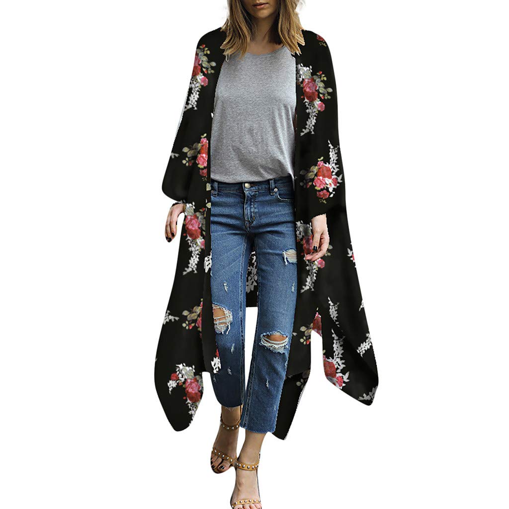 Lightweight Sheer Floral Kimono Cardigan for Women - Long Sleeve Flowy Blouse & Loose Tops for Casual Wear, Beach Cover-Up, and Boho Outfits
