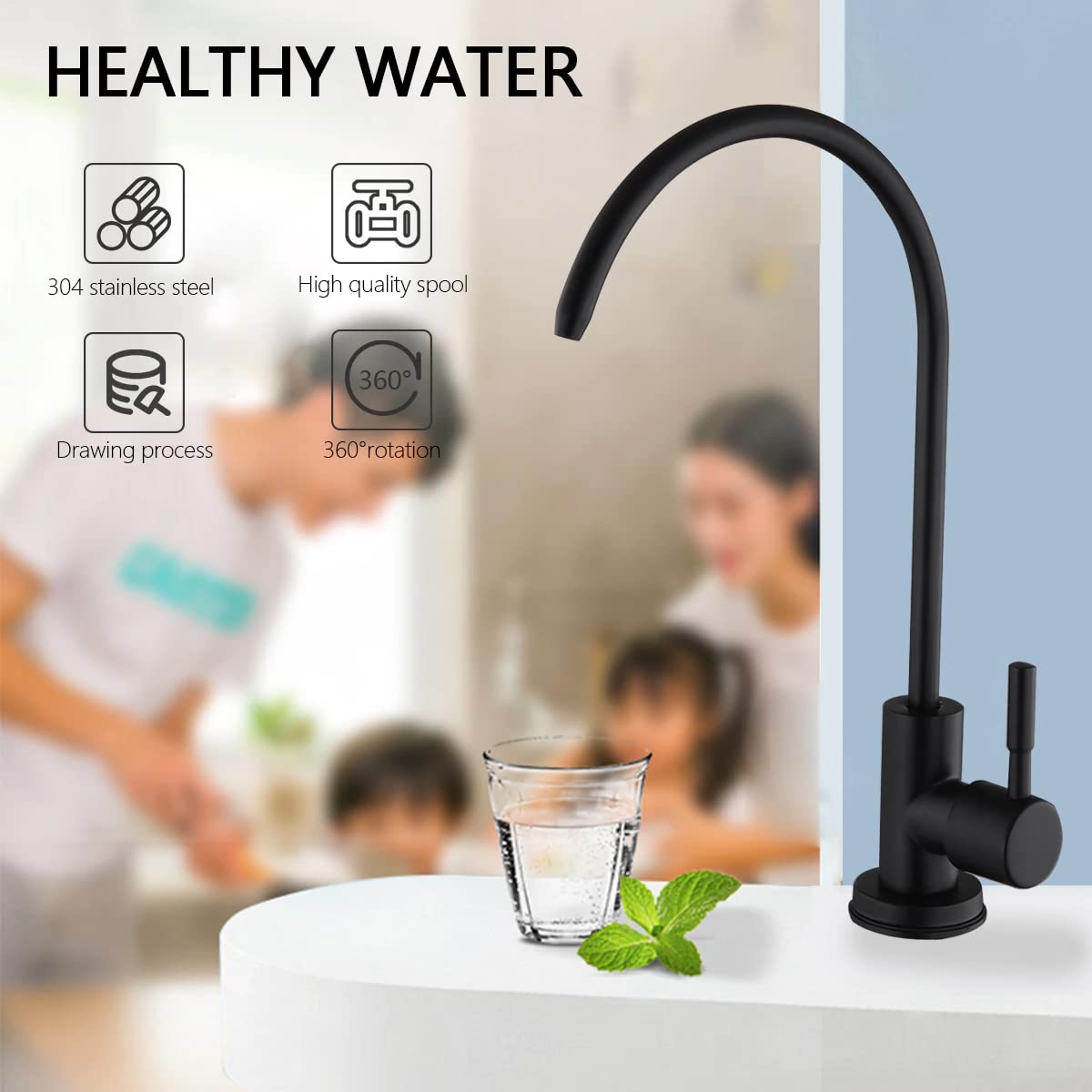 Aquieen SS 304 Kitchen RO Water Tap with Connecting Hose, Cold Water Provision, Black Finish for Modern Home Kitchens