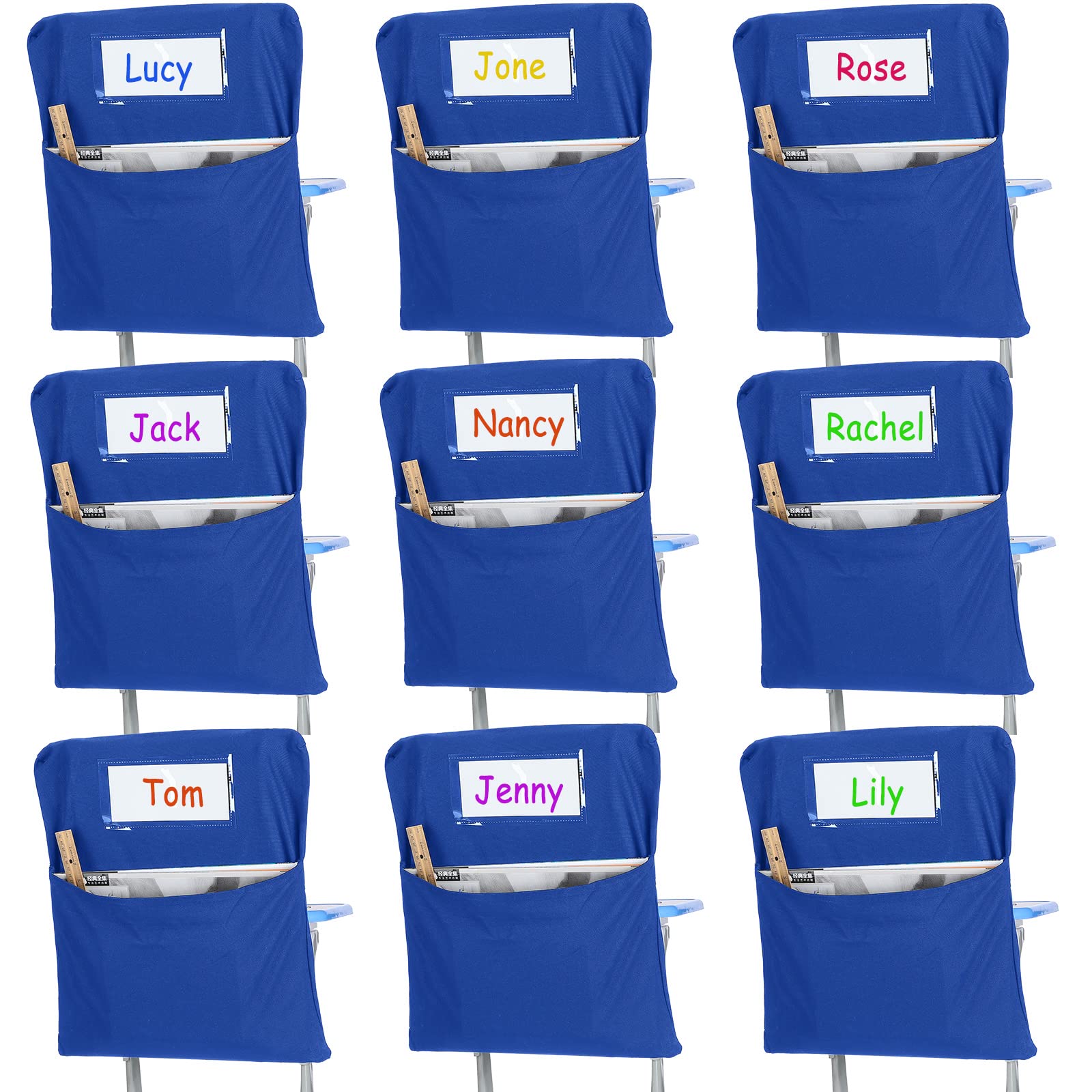 Maitys 24-Pack 17-Inch Classroom Chair Organizer Pockets with Name Tags - Blue Chair Storage Bags for Books, Supplies & School Organization - Perfect for Teachers, Students & Classroom Management