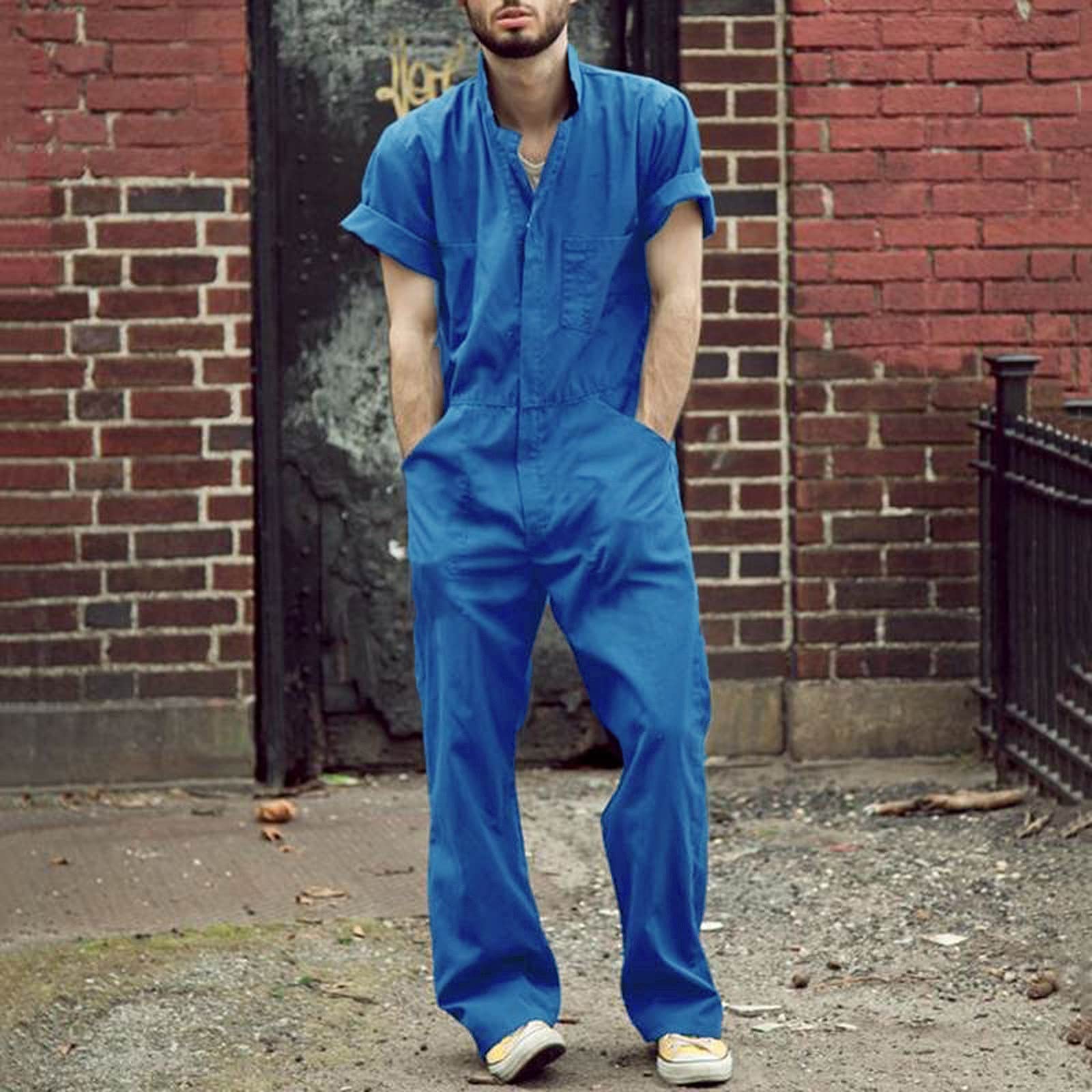 Men's 2-Piece Casual Short Jumpsuit Set - Solid Color Lapel Sleeve Work Outfit with Zip | Perfect for Business Casual, Office Wear & Summer Fashion