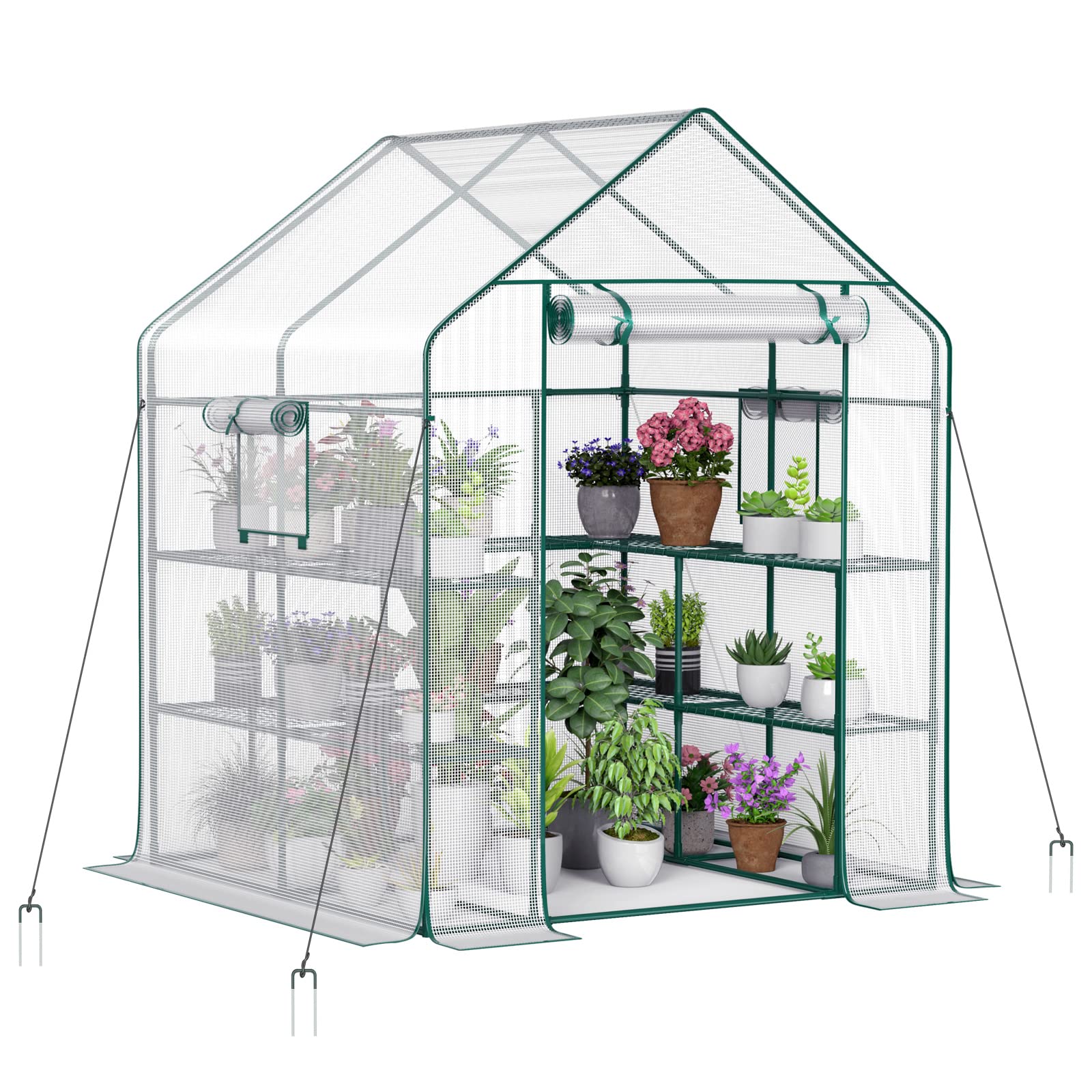 4-Tier Greenhouse with 2 Mesh Windows & 10 Shelves - Durable PE Cover with Stabilizing Pegs & Ropes - Outdoor Plant Growing Solution for Gardens, Herbs, Flowers & Seedlings - Perfect for Balcony, Patio or Backyard Gardening